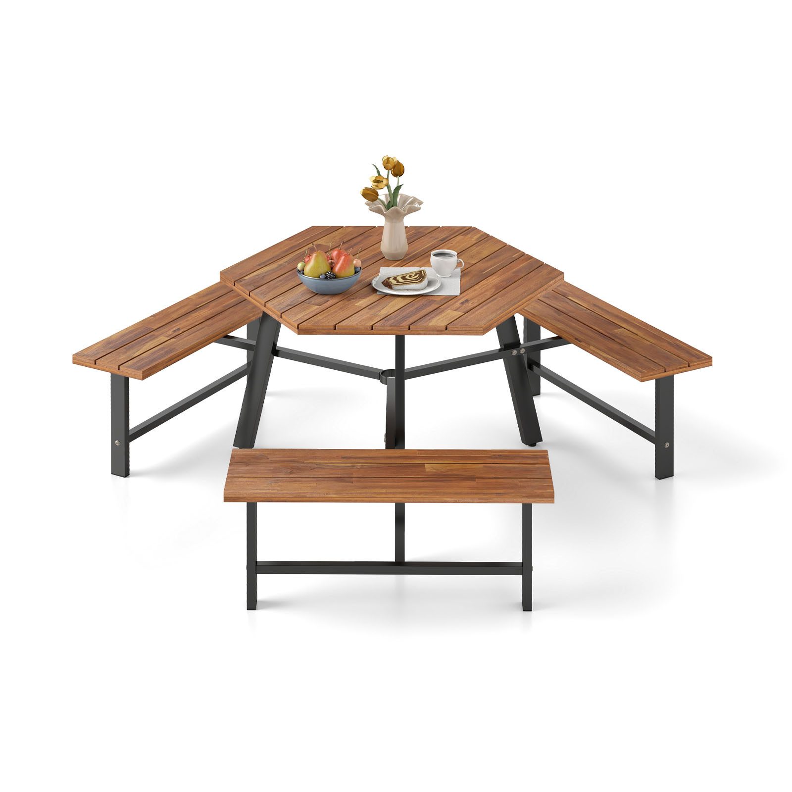 COSTWAY Bierzeltgarnitur, (4-tlg), Picknicktisch Set, Tisch mit Schirmloch & 3 Bänken