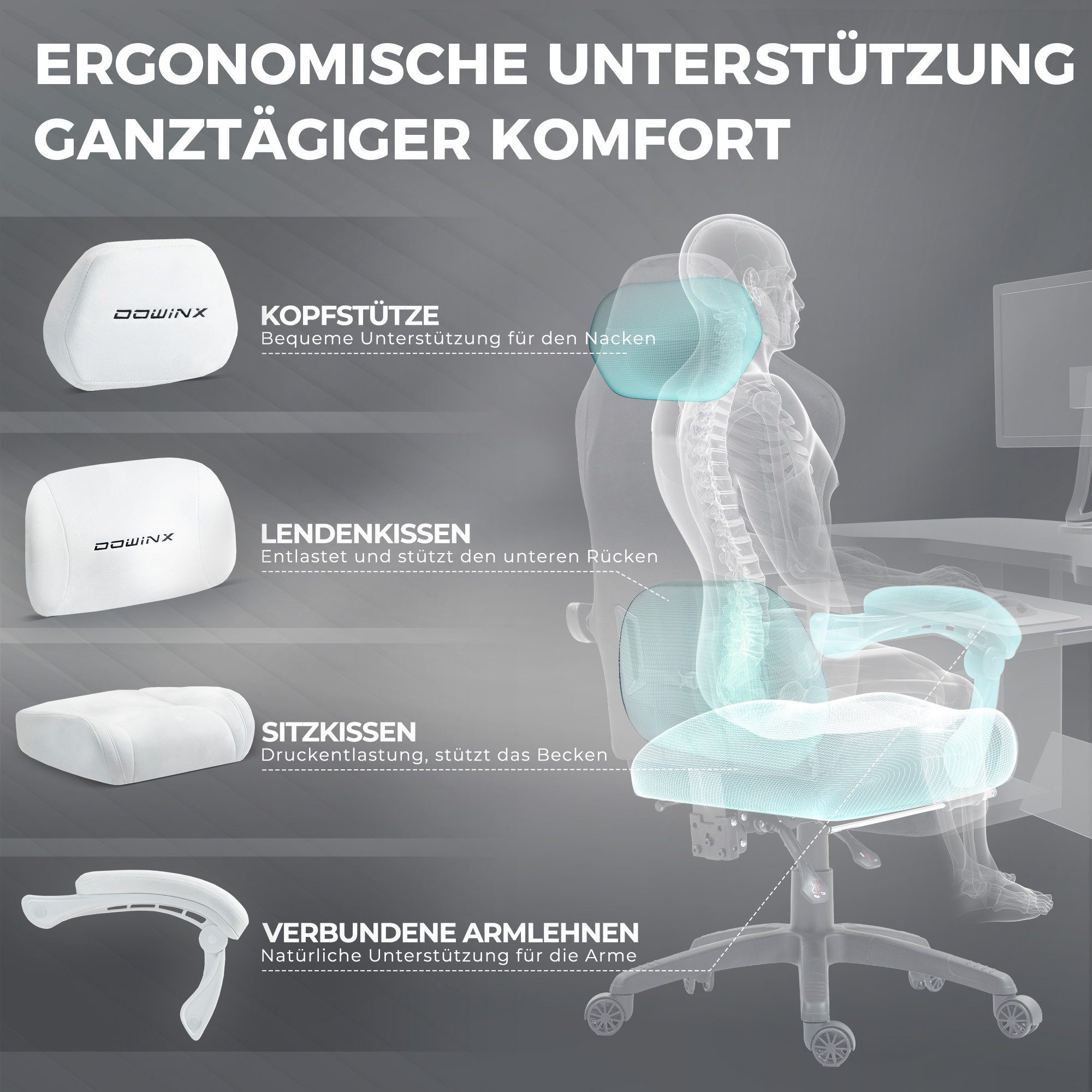 Dowinx Gaming-Stuhl Atmungsaktiver und Ergonomischer Bürostuhl aus Mikrofaser-Velours (Packung), Weiches Sitzgefühl, Verstellbarer Schreibtischstuhl mit Fußstüt – Bild 2 von 5