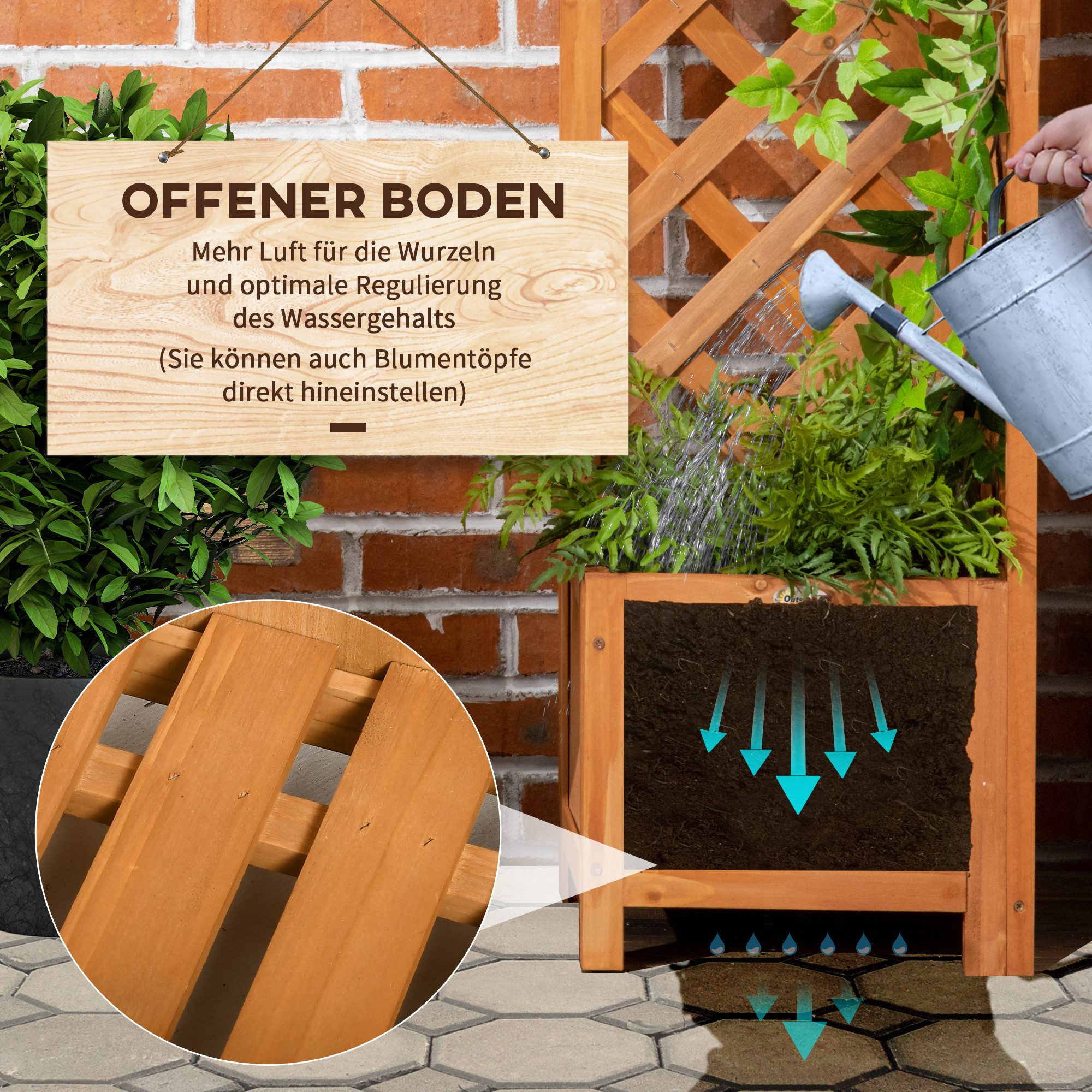 Outsunny Hochbeet Blumenhochbeet mit Eckspalier (Blumenkasten, 1 St., Pflanzenkasten), für Garten, Balkon, Braun – Bild 5 von 5