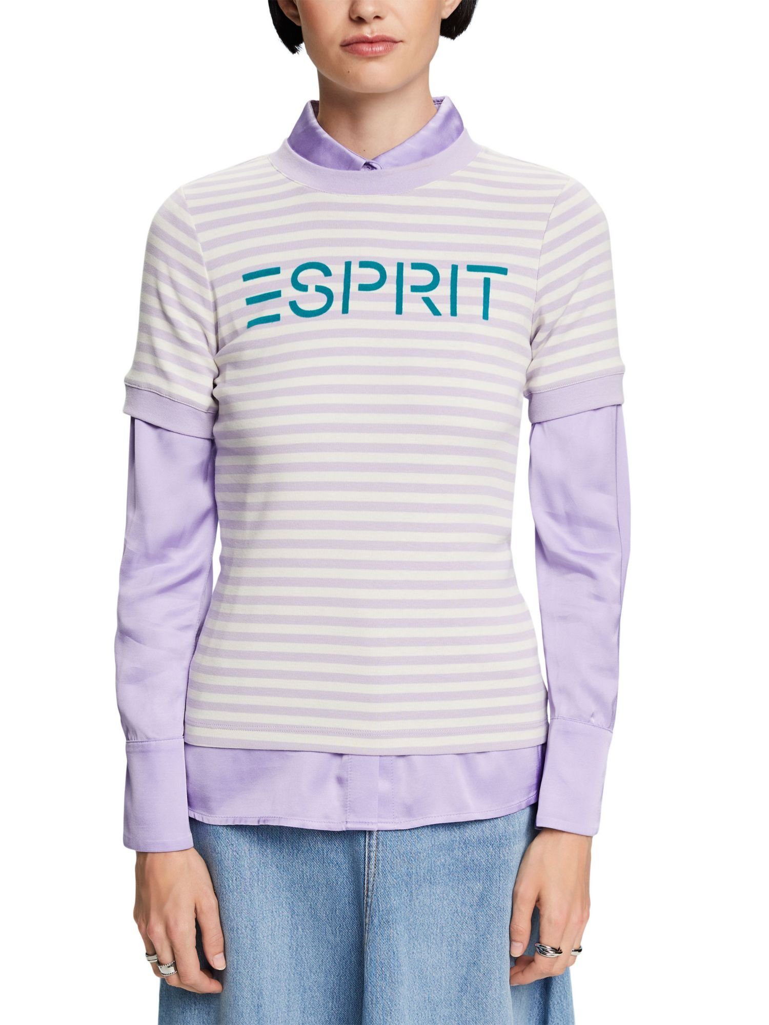 Baumwoll-T-Shirt (1-tlg) Gestreiftes Esprit mit T-Shirt Logo-Print LAVENDER