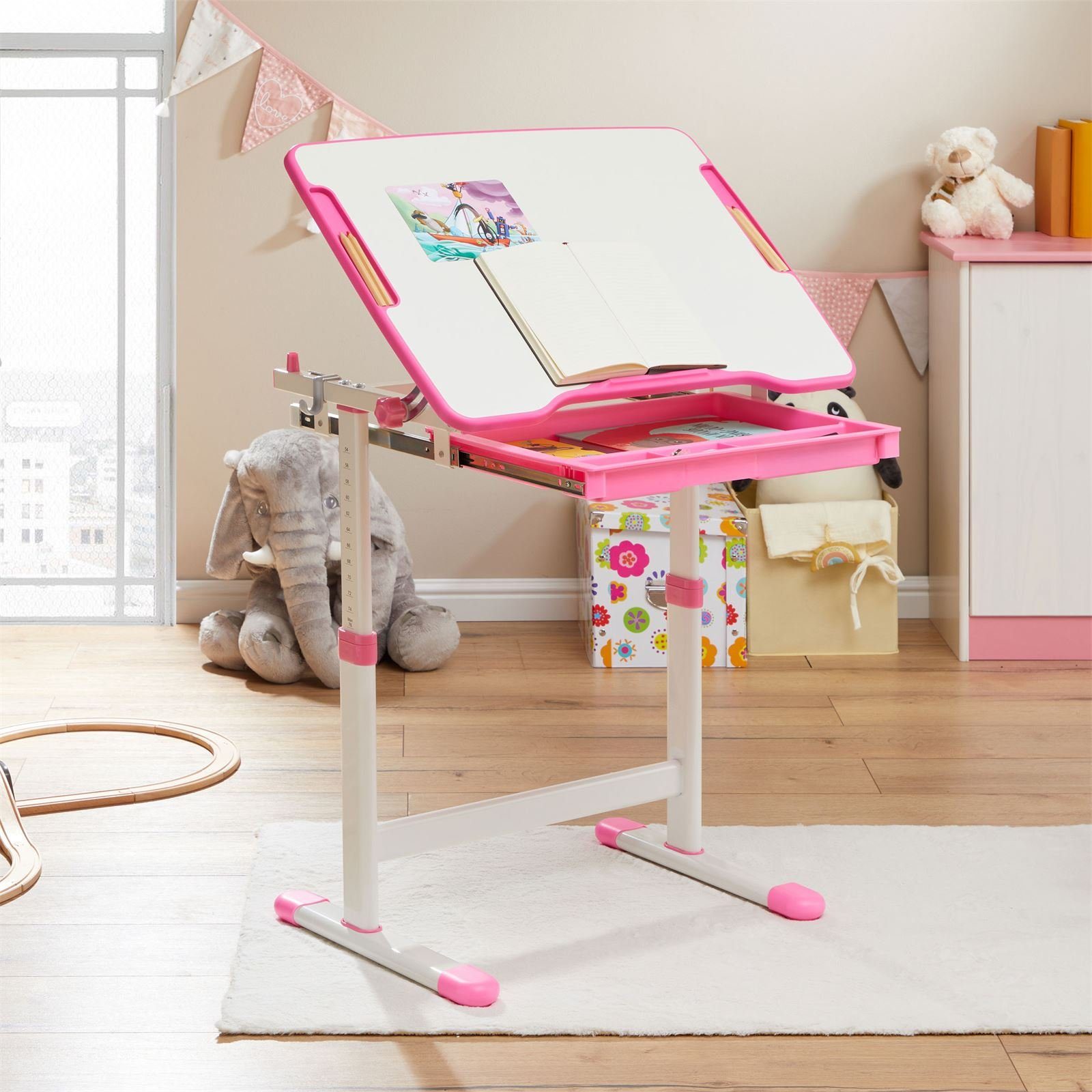 CARO-Möbel Kinderschreibtisch VITA, Kinderzimmer Schreibtisch neigbar Schublade & Rucksackhalterung rosa