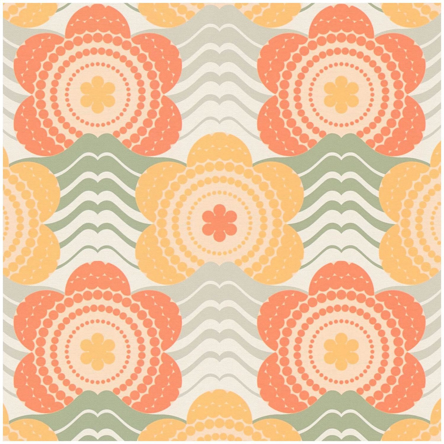 Profhome Vliestapete 395394-GU Retro Tapete Blumen matt orange moos-grau oliv-grün, geprägt, (1 Rolle, 4,51 qm), heißgeprägte Vliestapete, orange