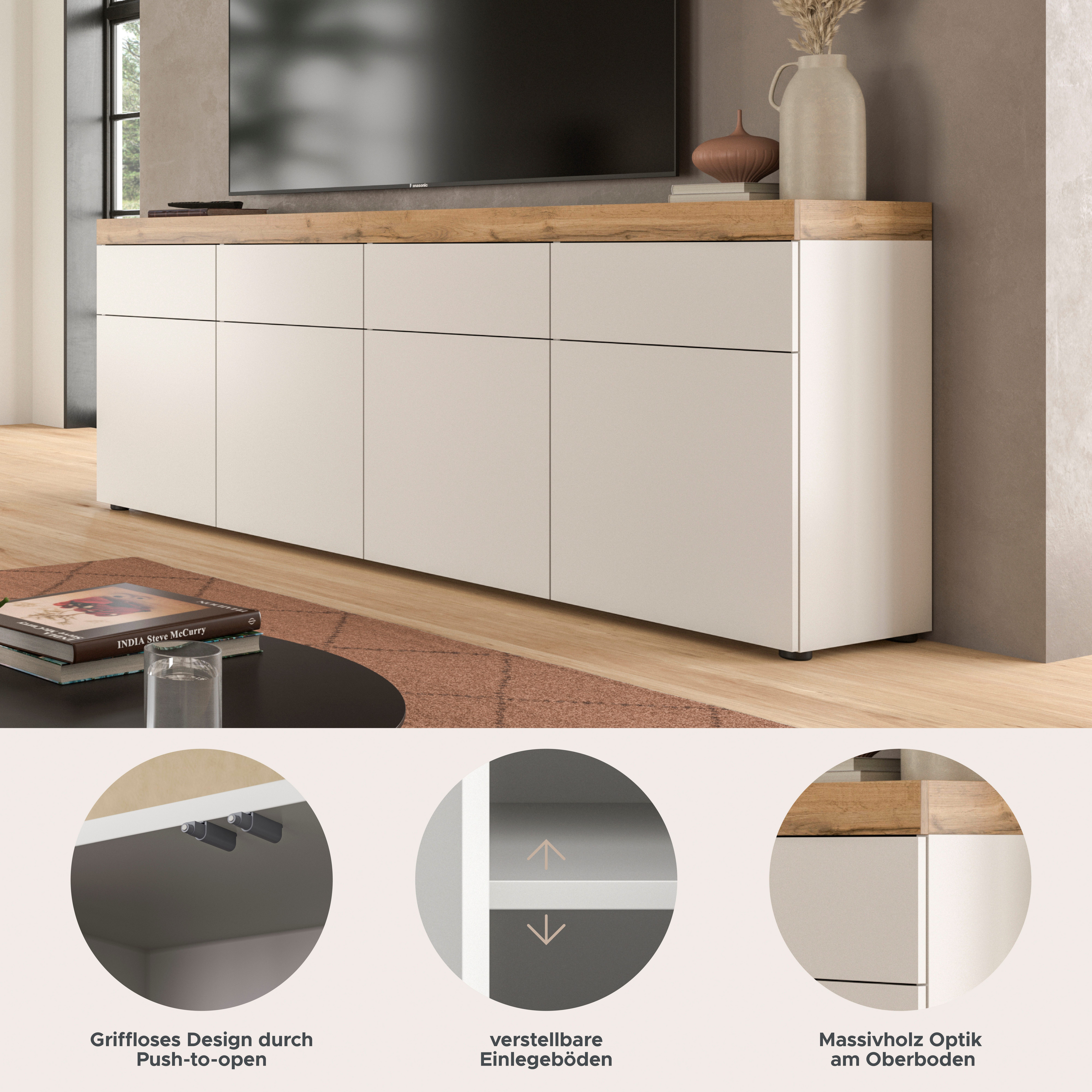 OTTO home Sideboard MAMBO, TOPSELLER!, Breite 200cm, 4 Türen, 4 Schubkästen, push-2-open (1 St., 2 farbige Ausführung, in verschiedenen Farben erhältlich), Kommode, Anrichte, Wohnzimmer, Schlafzimmer
