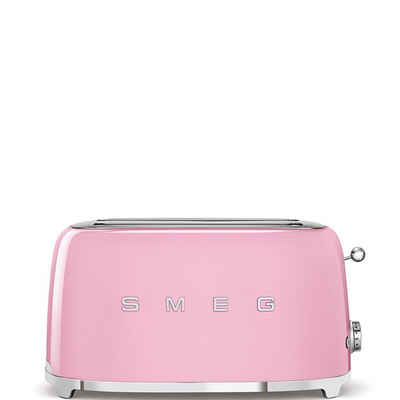 SME Toaster SMEG Langschlitztoaster mit Brötchenaufsatz 2 Scheiben Hochglanz, 2 lange Schlitze, für 2 Scheiben, 15000,00 W, Auftauen, Rösten, Stopp, 6 Bräunungsstufen, Krümelschublade Toaster