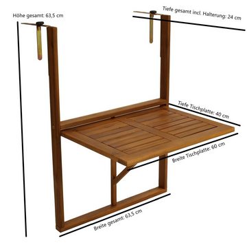 DEGAMO Balkonhängetisch (1-St), 60x40cm, Akazie geölt, verstellbare Halterung