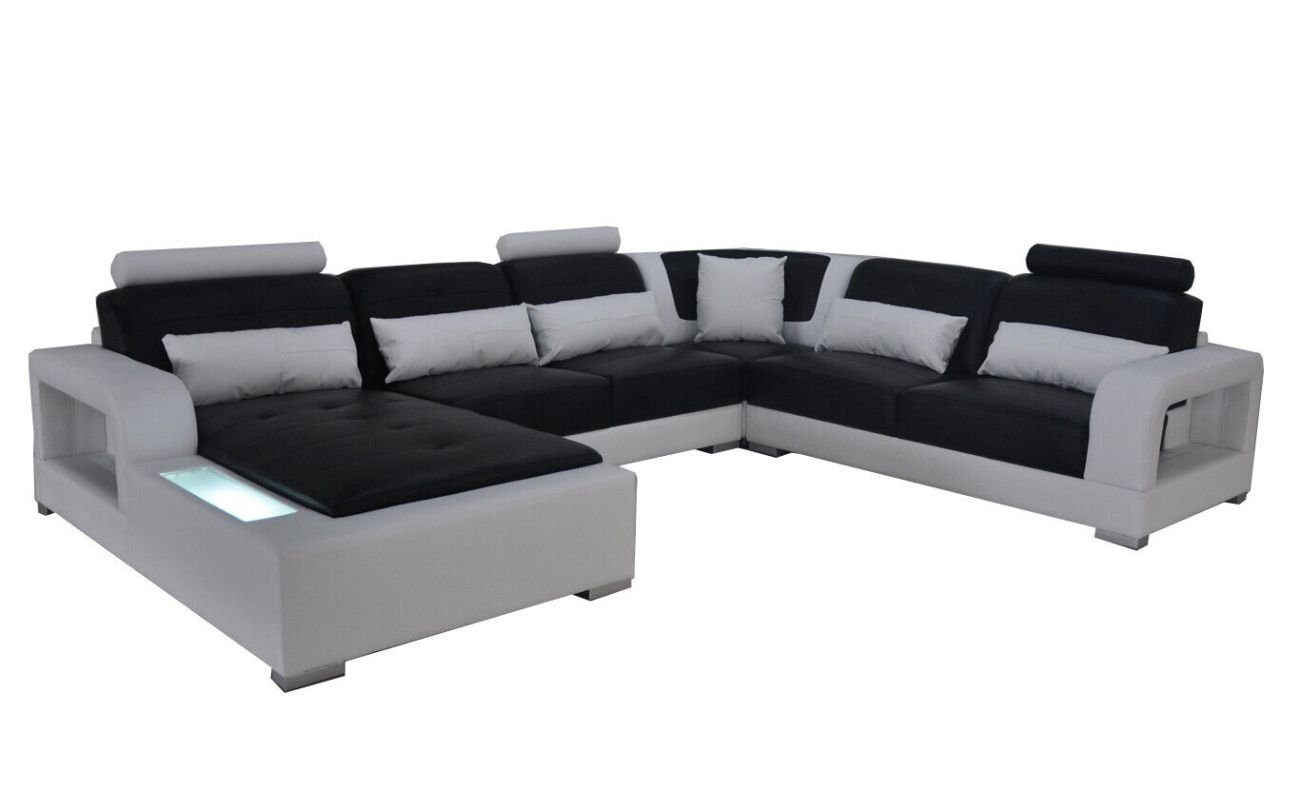 JVmoebel Ecksofa Leder Sofa+USB Couch Wohnlandschaft Eck Garnitur Modern Polster U Form Schwarz