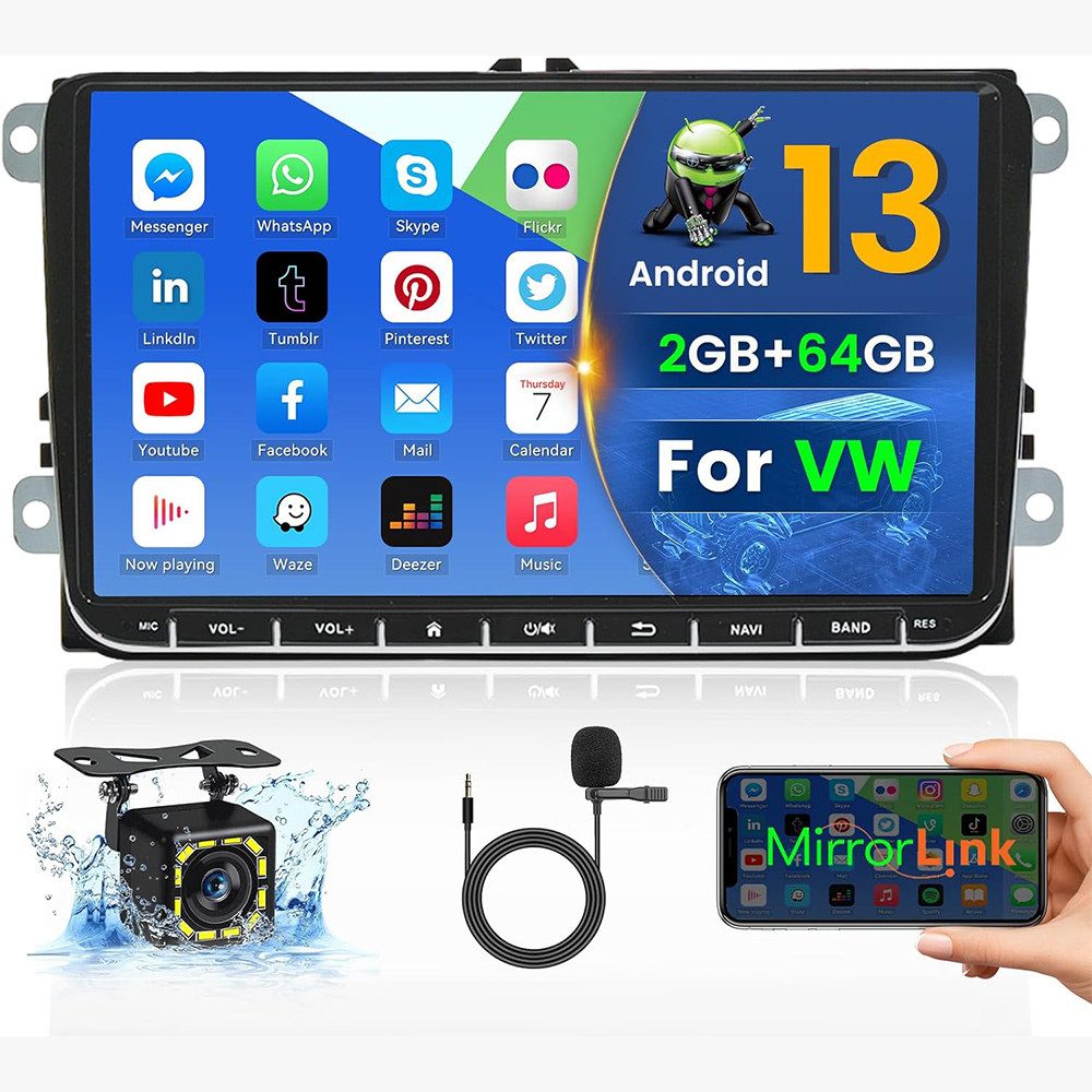 Hikity 9 Zoll 2 DIN Android 13 für VW Golf Passat Polo mit Kamera Mikrofon Autoradio (für VW Golf 5 Golf 6 Passat B6 Passat B7 Jatte Polo, Touchscreen, GPS-Navigation)