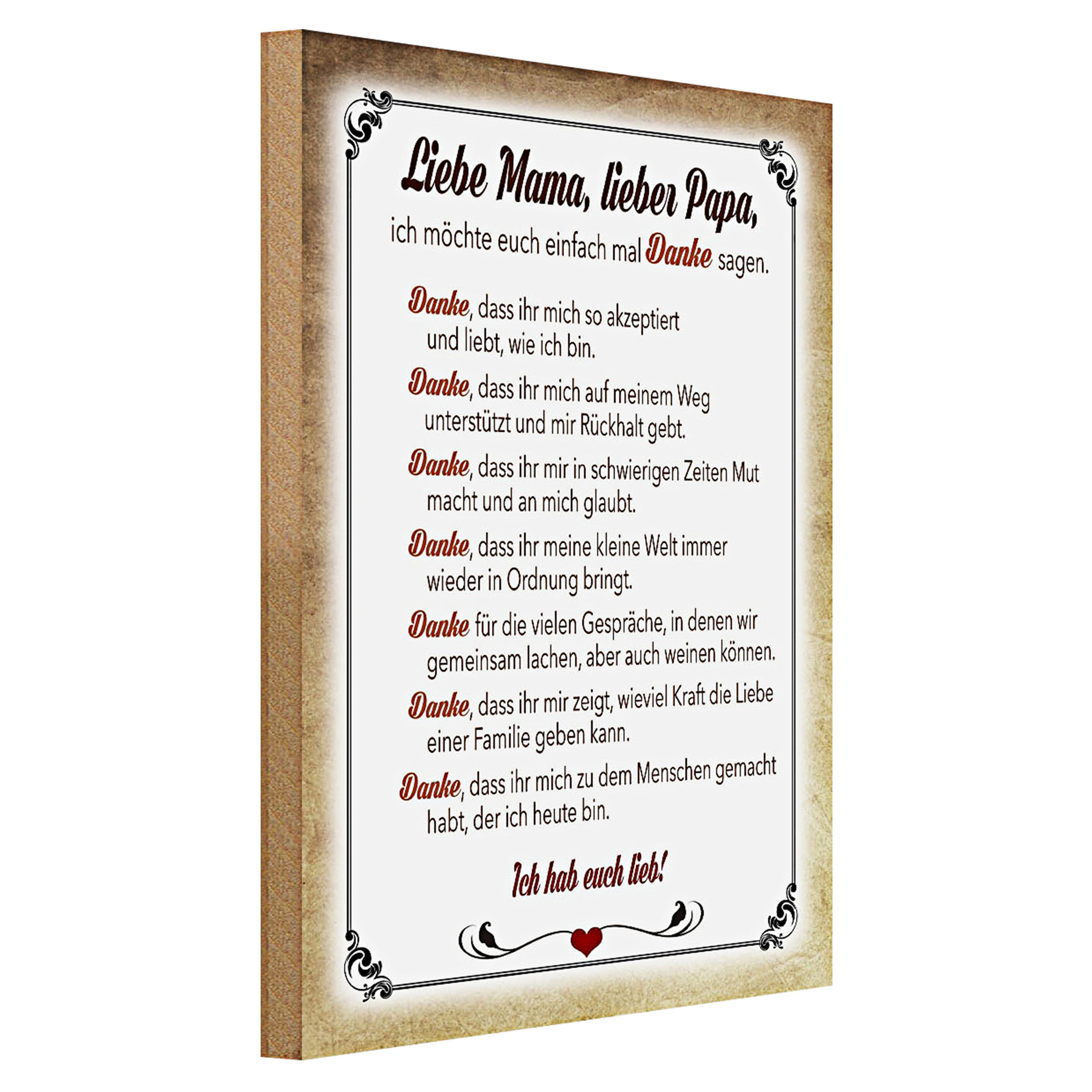 Roomando Holzbild Spruch 30x40cm Mama Papa hab euch lieb danke