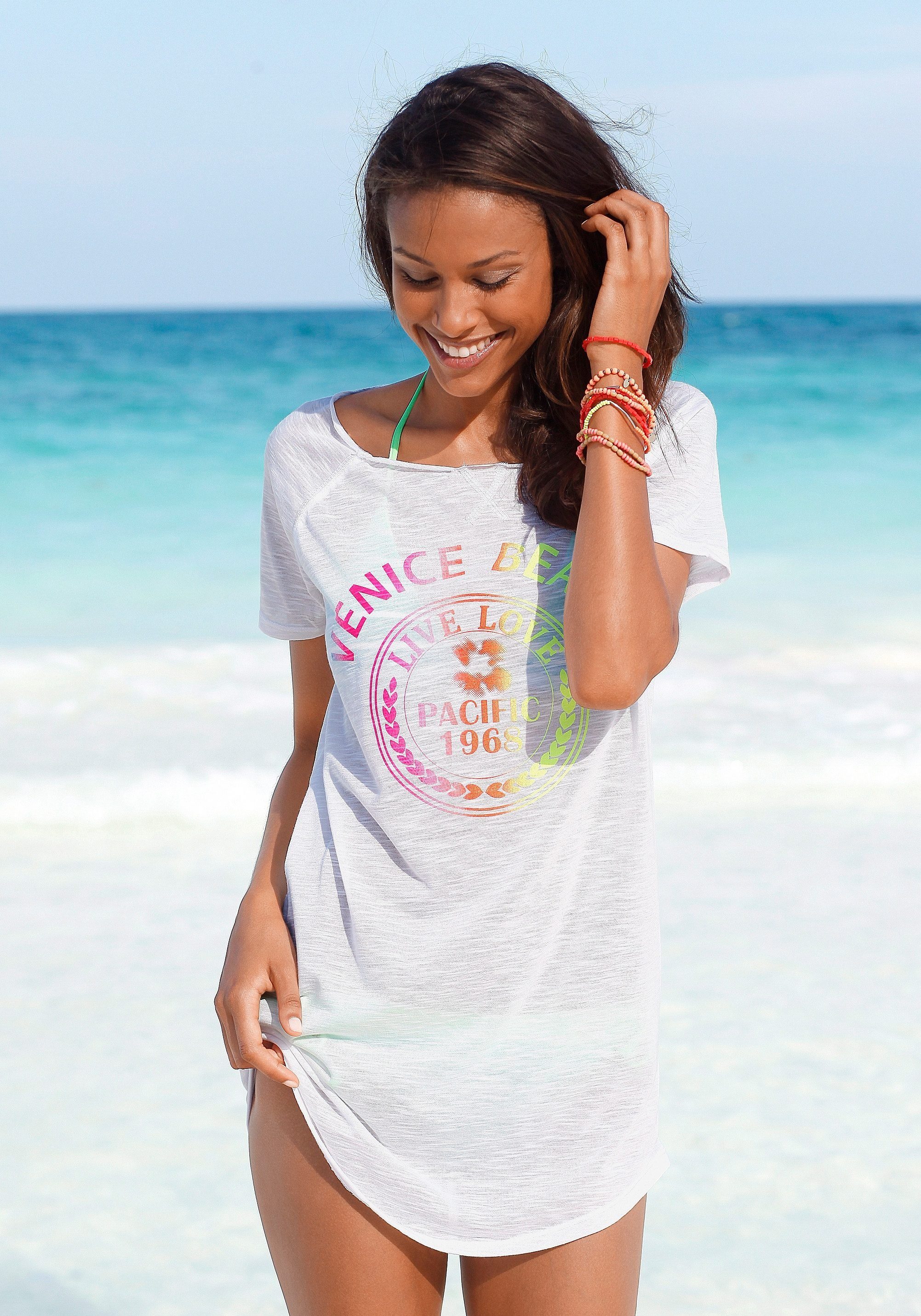 Shirtkleid, Frontprint, und Strandkleid, mit Longshirt leicht luftig Beach Venice