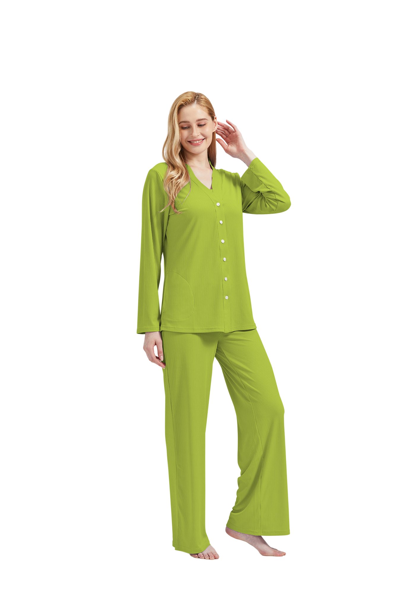 tlg) Damen 3 Schlafanzug V-Ausschnitt Pyjama-Set incl.Jacket Hose RAIKOU Top Damenwäsche Grün (Set,