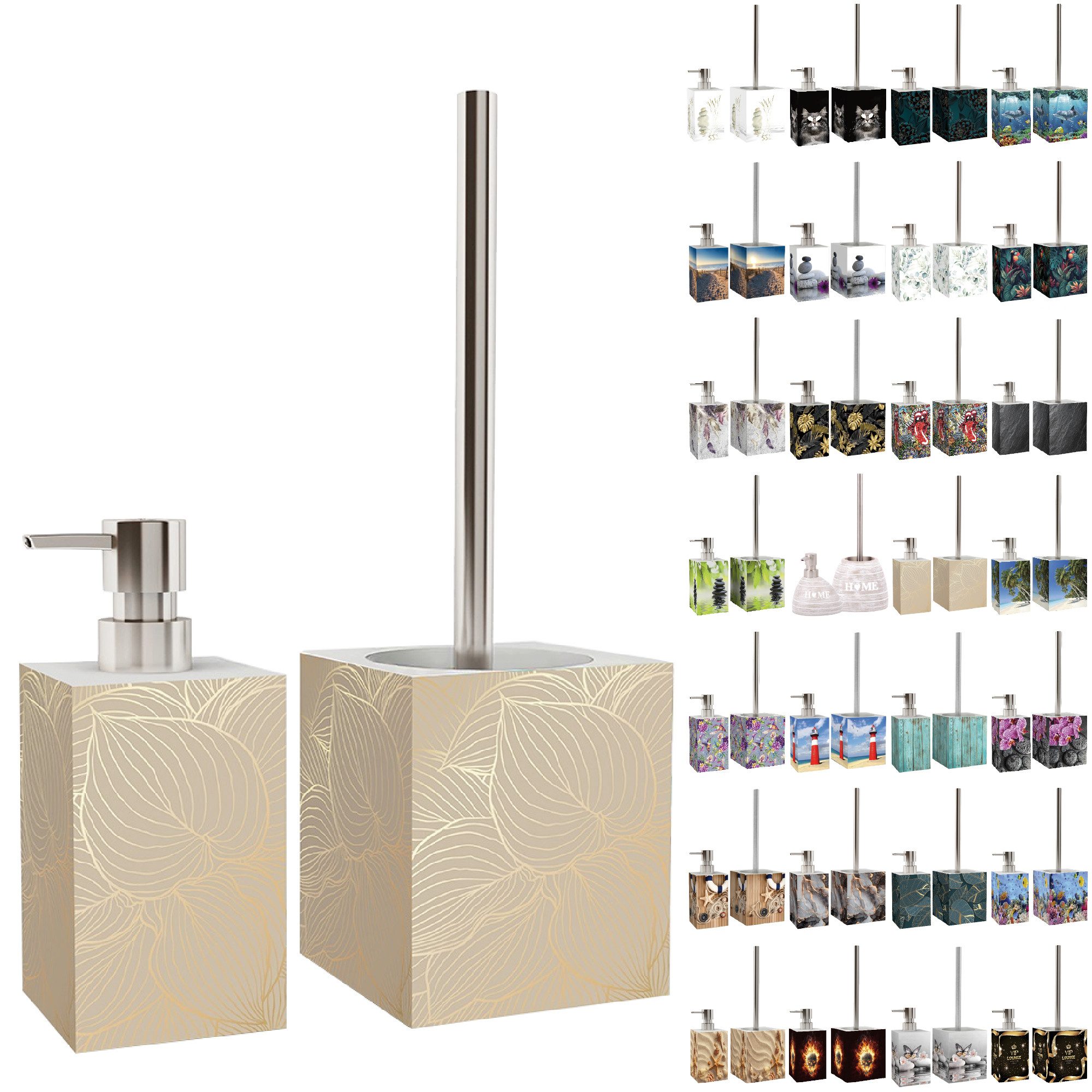 Sanilo Badaccessoire-Set mit Motiv, viele schöne Seifenspender und WC Bürsten zur Auswahl, Klobürste mit auswechselbaren Bürstenkopf, 2 tlg., 2-tlg., Desinfektionsspender mit stabiler Pumpe, hochwertig & modern