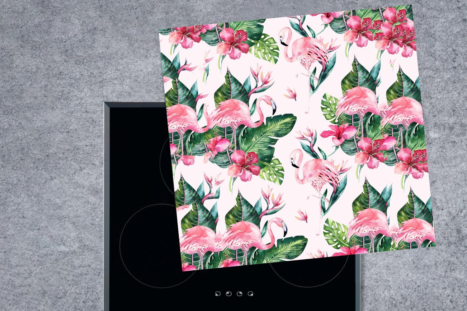 für - (1 Flamingo Herdblende-/Abdeckplatte - Arbeitsplatte Ceranfeldabdeckung, tlg), MuchoWow 78x78 cm, Blätter küche Vinyl, Blumen Muster, -