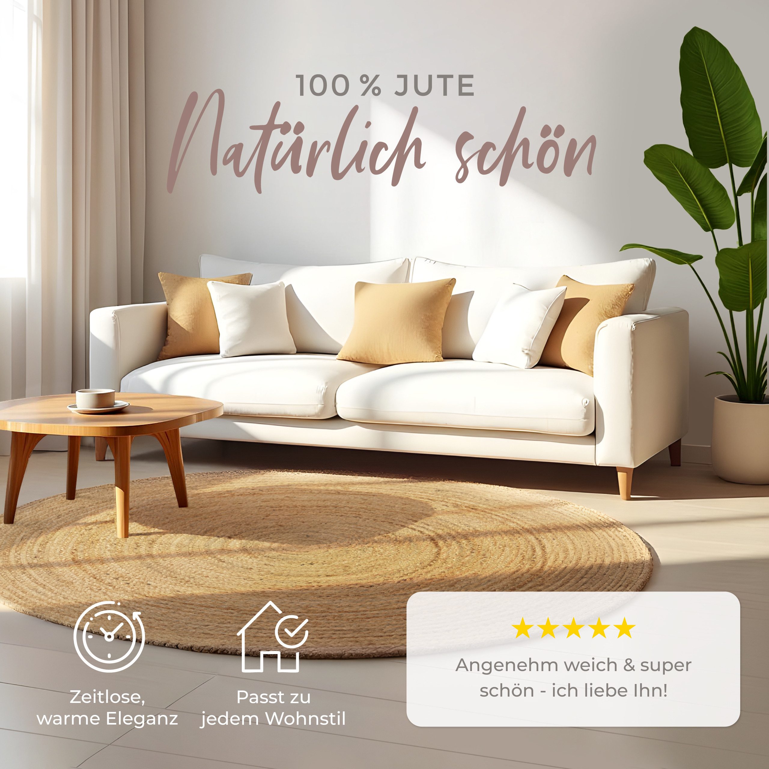 carpetfine Teppich Nele Juteteppich Naturfaser, rund, Höhe: 6 mm, geflochtener Wendeteppich aus 100%Jute, in rund und oval, viele Größen