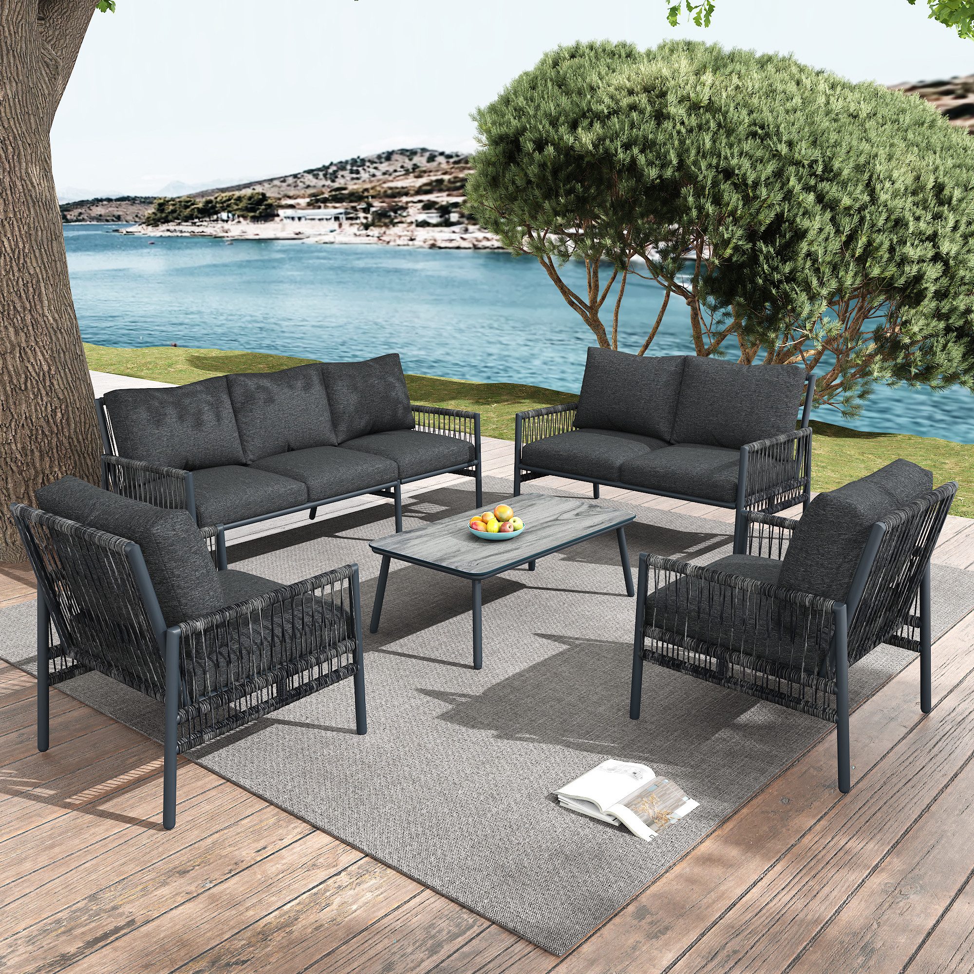 Merax Gartenlounge-Set für 7 Personen, (5-tlg., 1 3-Sitzer, 1 2-Sitzer, 2 Sessel, 1 Couchtisch), Gartenmöbel Set mit Stahlrahmen, Rope Lounge, Balkonset