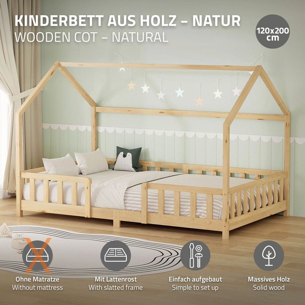 ML-DESIGN Spielbett Hausbett Kinderbett inkl. Lattenrost kreativ Bodenbett für Kinder, Abenteuerbett ohne Matratze 120x200cm Holzbett Kiefer Bettgestell