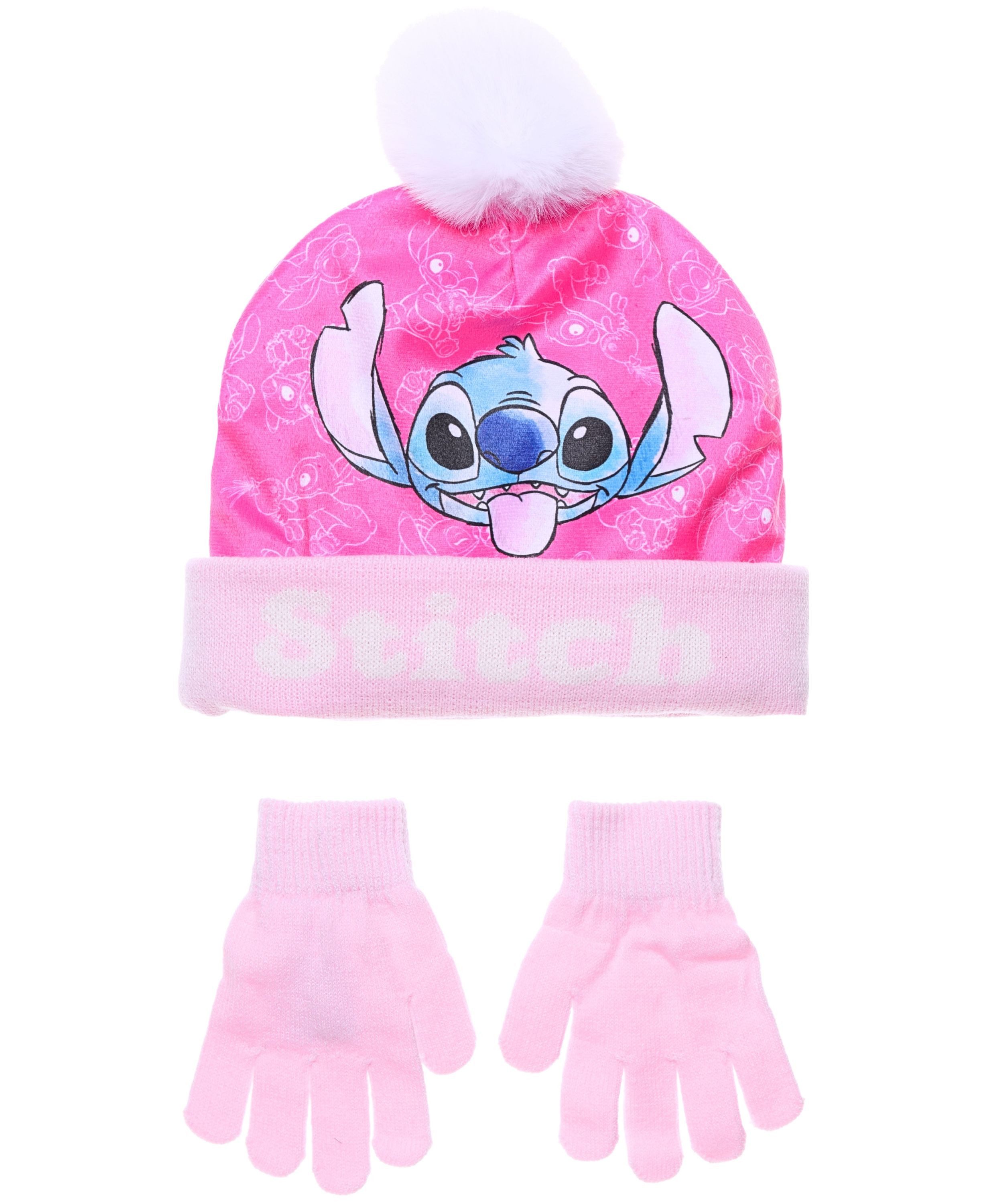 Disney Bommelmütze Stitch (2-St) Mädchen Winter-Set: Mütze & Handschuhe