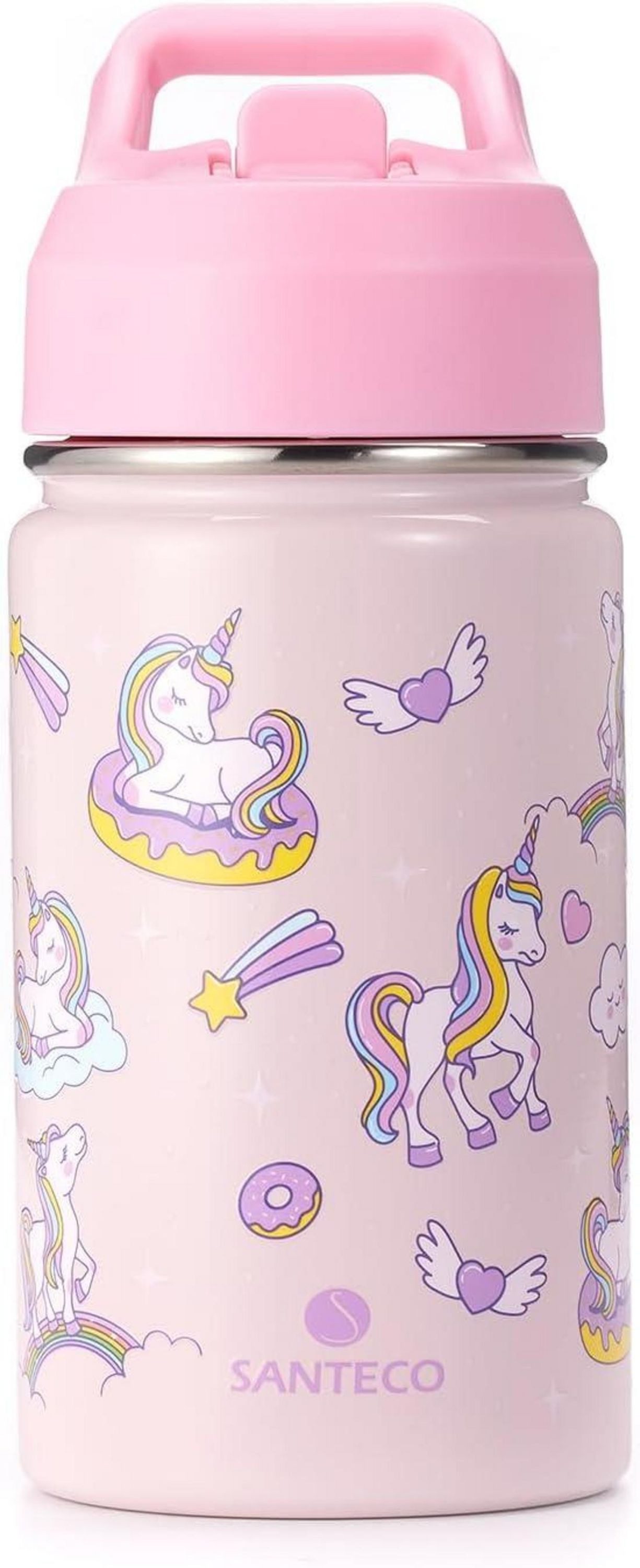 Kinderbecher Trinkflasche Kinder Edelstahl 380ml Strohhalm Auslaufsicher
