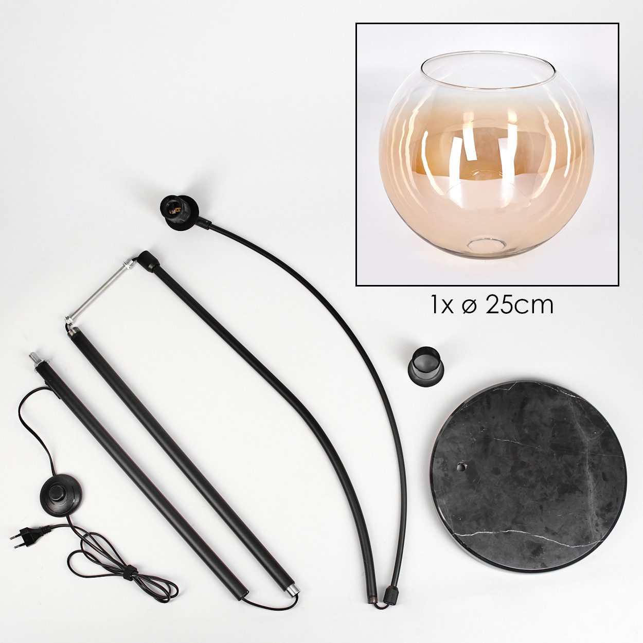 hofstein Bogenlampe Stehlampe aus Metall/Glas in Schwarz/Bernstein/Klar mit Marmorfuß, ohne Leuchtmittel, moderne Stehleuchte verstellbar, Ø Schirm 25 cm, Fußsc – Bild 5 von 5