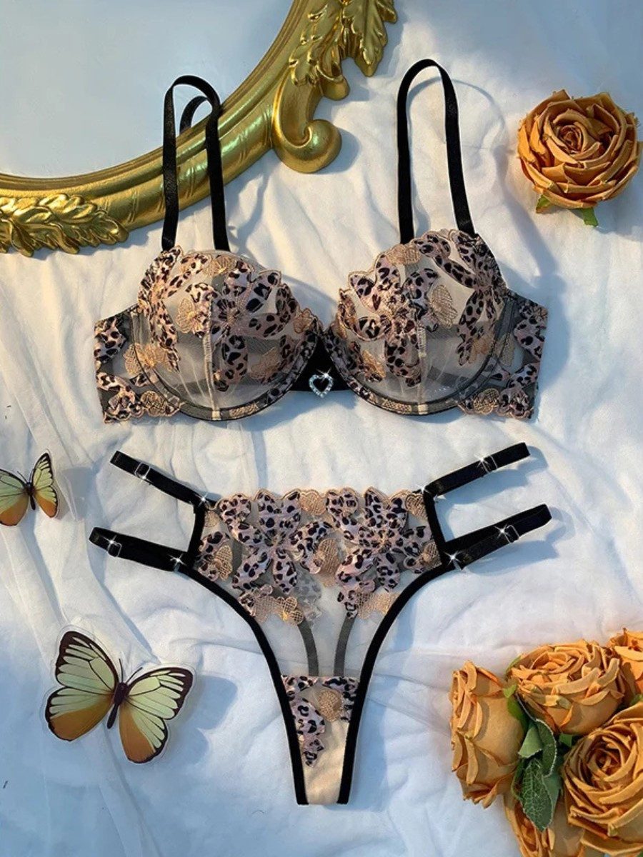 Elegant Love Set: Bügel-BH Damen Reizwäsche Set aus Spitze – Dessous-Set mit Leo Muster (Set, 2-tlg., mit Tanga) Lingerie-Set floraler Stickerei – Sexy Unterwäsche mit Animalprint