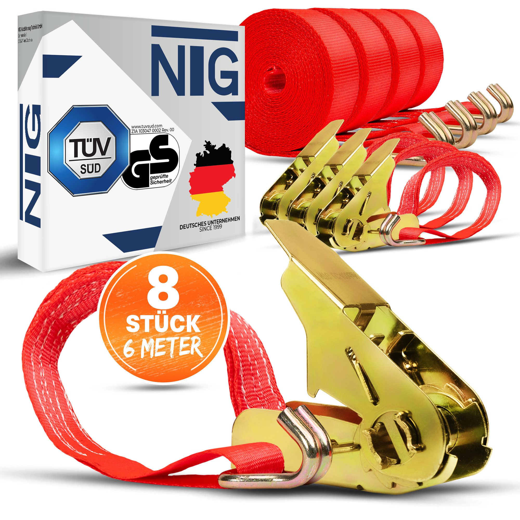 NTG Nutzfahrzeug Technik GmbH Spanngurt Zurrgurte 800 kg 8 Stück daN 6m + 2 tlg. TÜV /GS Geprüft Ratschengurt (8-St)
