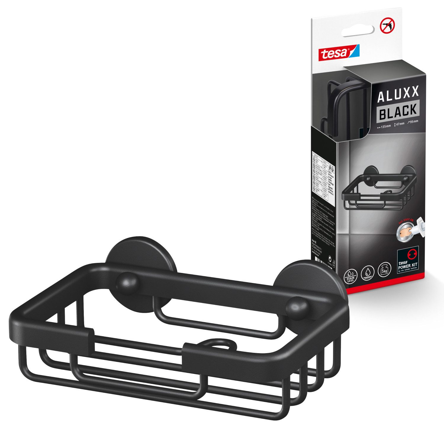 tesa Duschablage ALUXX BLACK Seifenablage, Set 1-tlg., mit Klebelösung zur Wandmontage ohne Bohren