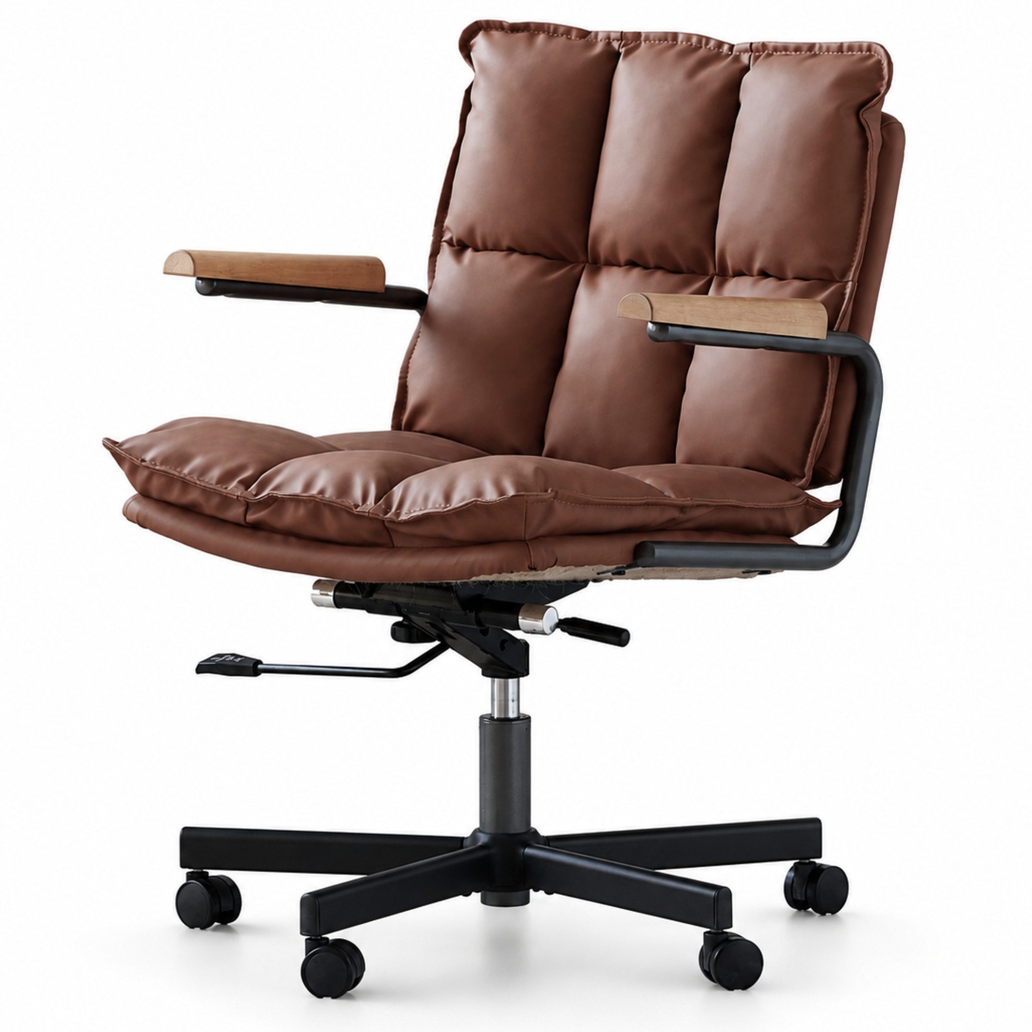 SeedWave Bürostuhl Höhenverstellbarer Drehstuhl mit Eichenholz-Armlehnen, 136kg belastbar, Industrial Design, Kunstleder Schreibtischstuhl mit Wippfunktion