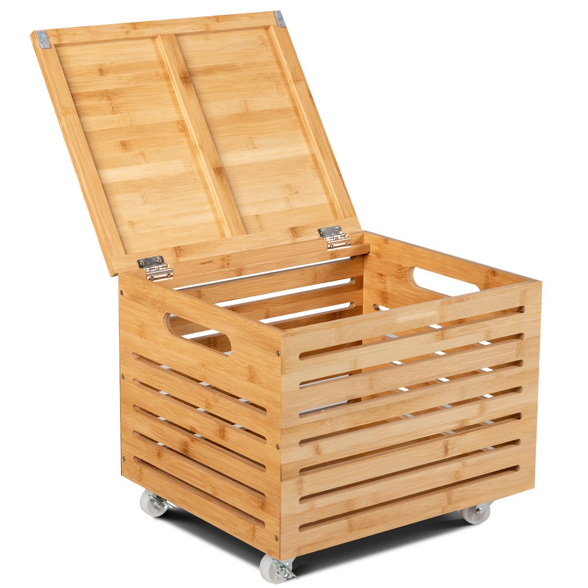 COSTWAY Spielzeugtruhe, mit Deckel & 4 Rollen Aufbewahrungsbox Bambus 43x36x36cm
