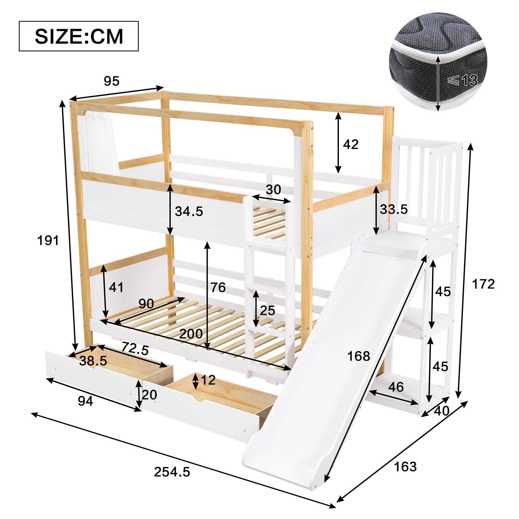 MODFU Etagenbett mit Rutsche (Kinderbett mit 2 Schubladen & Vorhang, Holzbett 90x200 cm), ohne Matratze