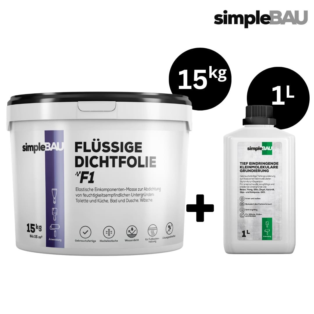 simpleBAU Dichtstoff Flüssige Dichtfolie F1 15 kg und Tiefengrund 1L - Lösemittelfrei