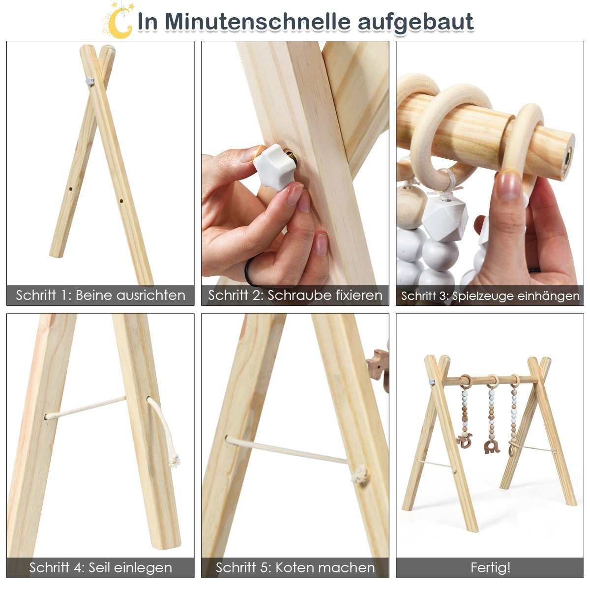 COSTWAY Baby Gym Spielbogen, mit 3 Kinderspielzeugen, klappbar, aus Holz