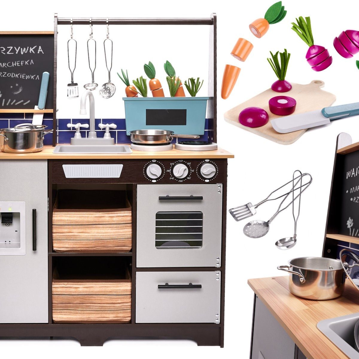 Ikonka Spielküche Kinderküche Holzküche Spielzeugküche Holz, MDF, Metall, Kunststoff, Eiswürfelbereiter mit Geräusch, Backofen, Spüle, Tafel