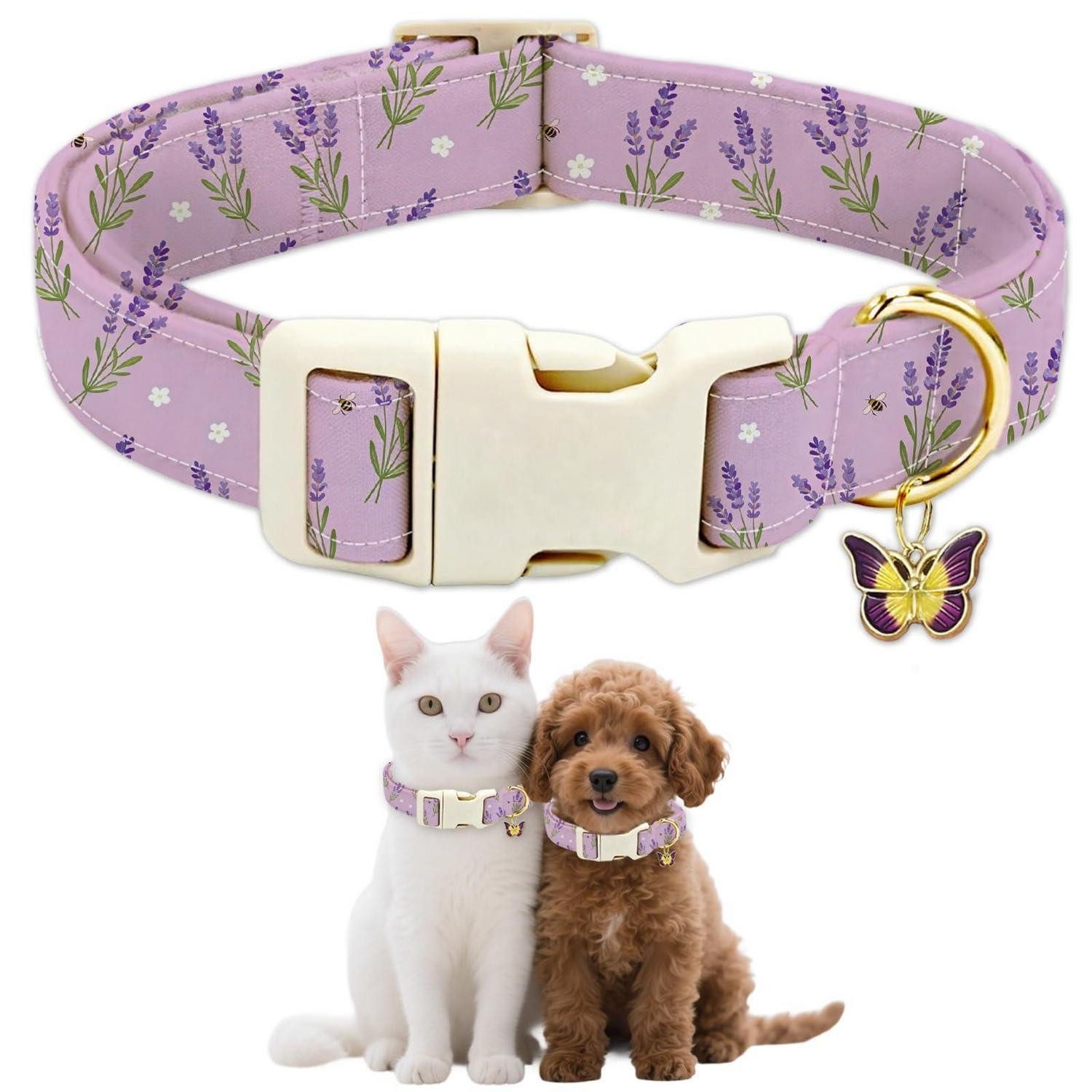 LuxusKollektion Hunde-Halsband Halsband Katze/Hund Lavendel Schmetterling, S-M, Textil
