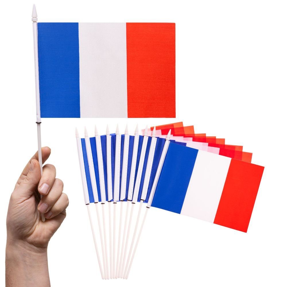 PHENO FLAGS Flagge Handfahne Frankreich Fähnchen Stockfahne Handflagge (10er Set zur Deko), Flaggen mit Stab