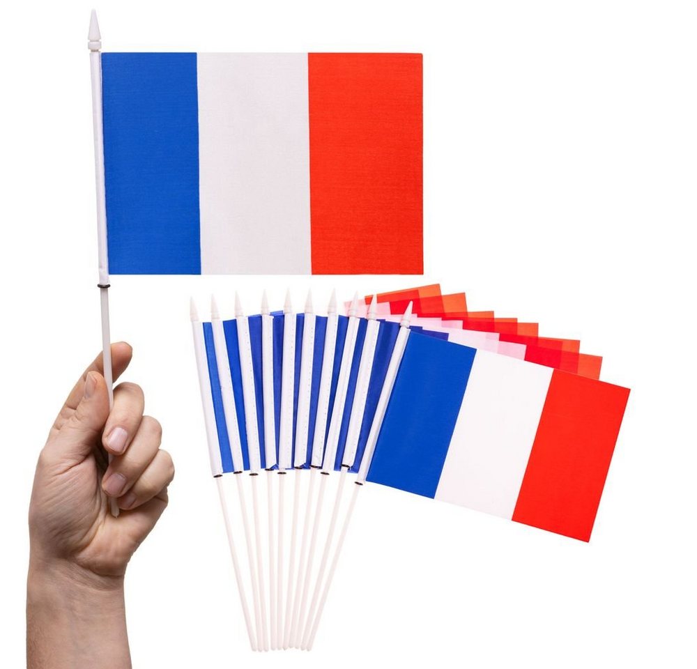 PHENO FLAGS Flagge Handfahne Frankreich Fähnchen Stockfahne Handflagge (10er Set zur Deko), Flaggen mit Stab