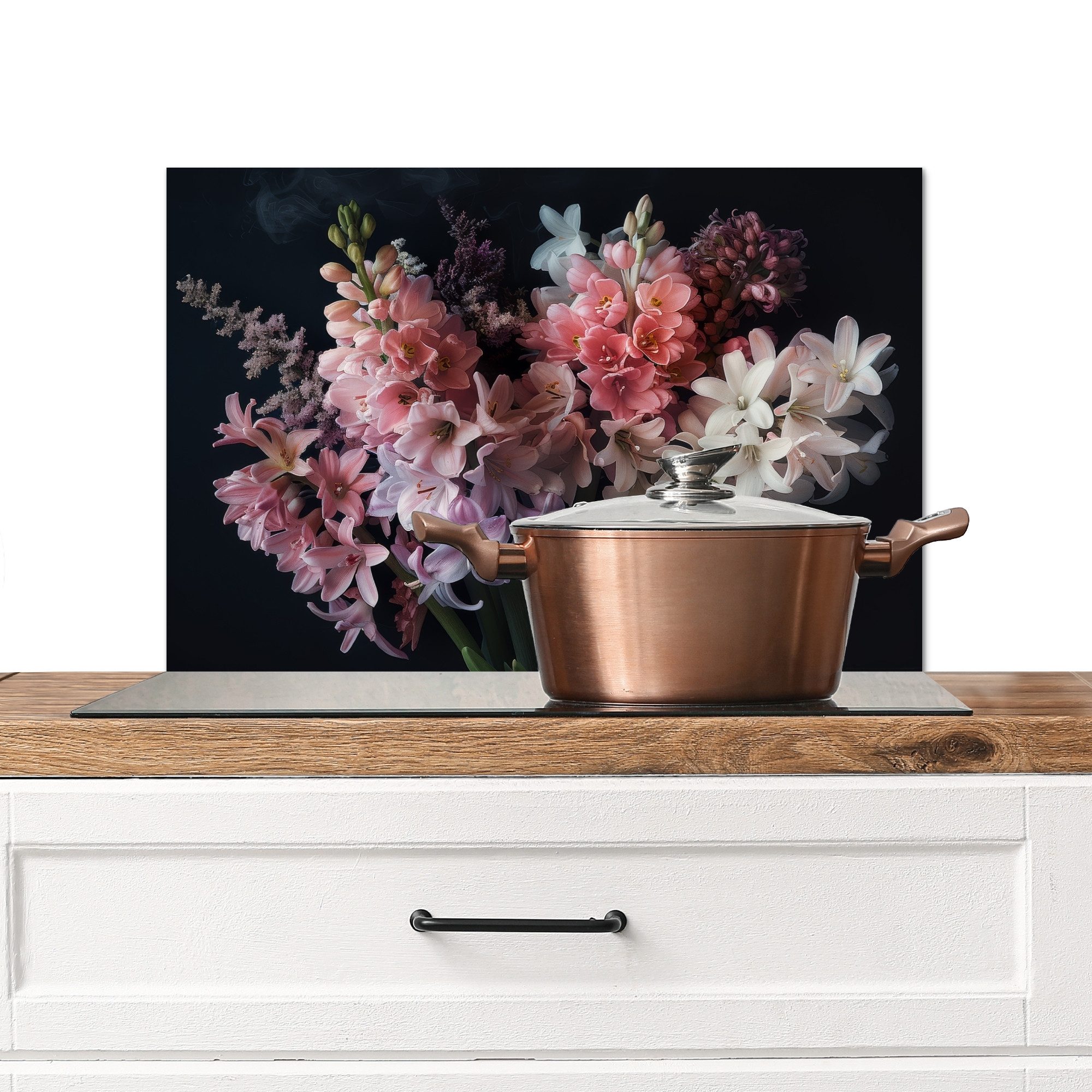 MuchoWow Küchenrückwand Blumen - Hyazinthe - Rosa - Strauß, (1-tlg), Spritzschutz Küche, Küchendeko, 60x40 cm