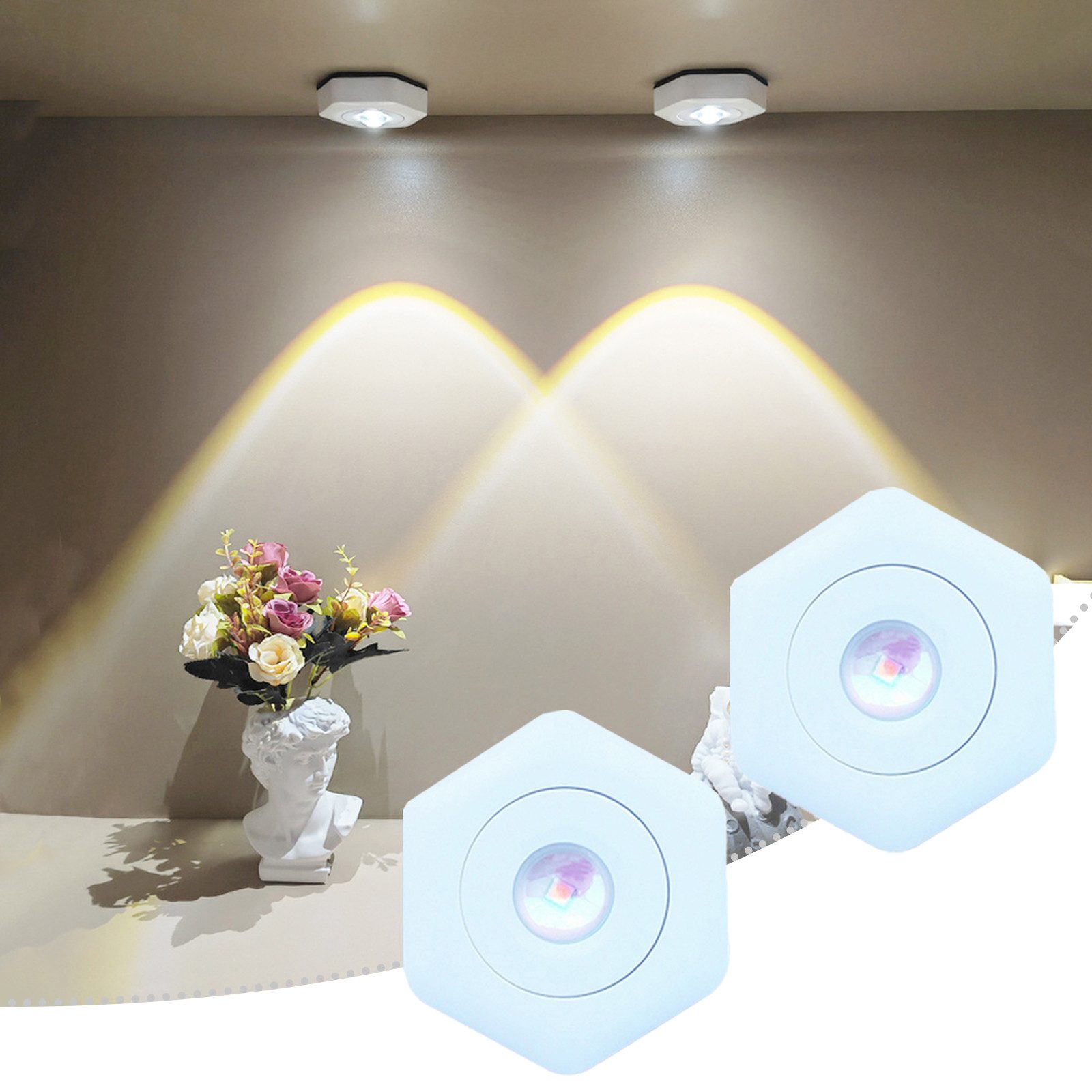 MUPOO Unterschrankleuchte LED-Spots Batteriebetrieben 1/2/4er-Pack, Kabellose Schrankbeleuchtung, Weiß, LED fest integriert, 6 Farben Dimmbar & Selbstklebend für Küche, Flur, Vitrine