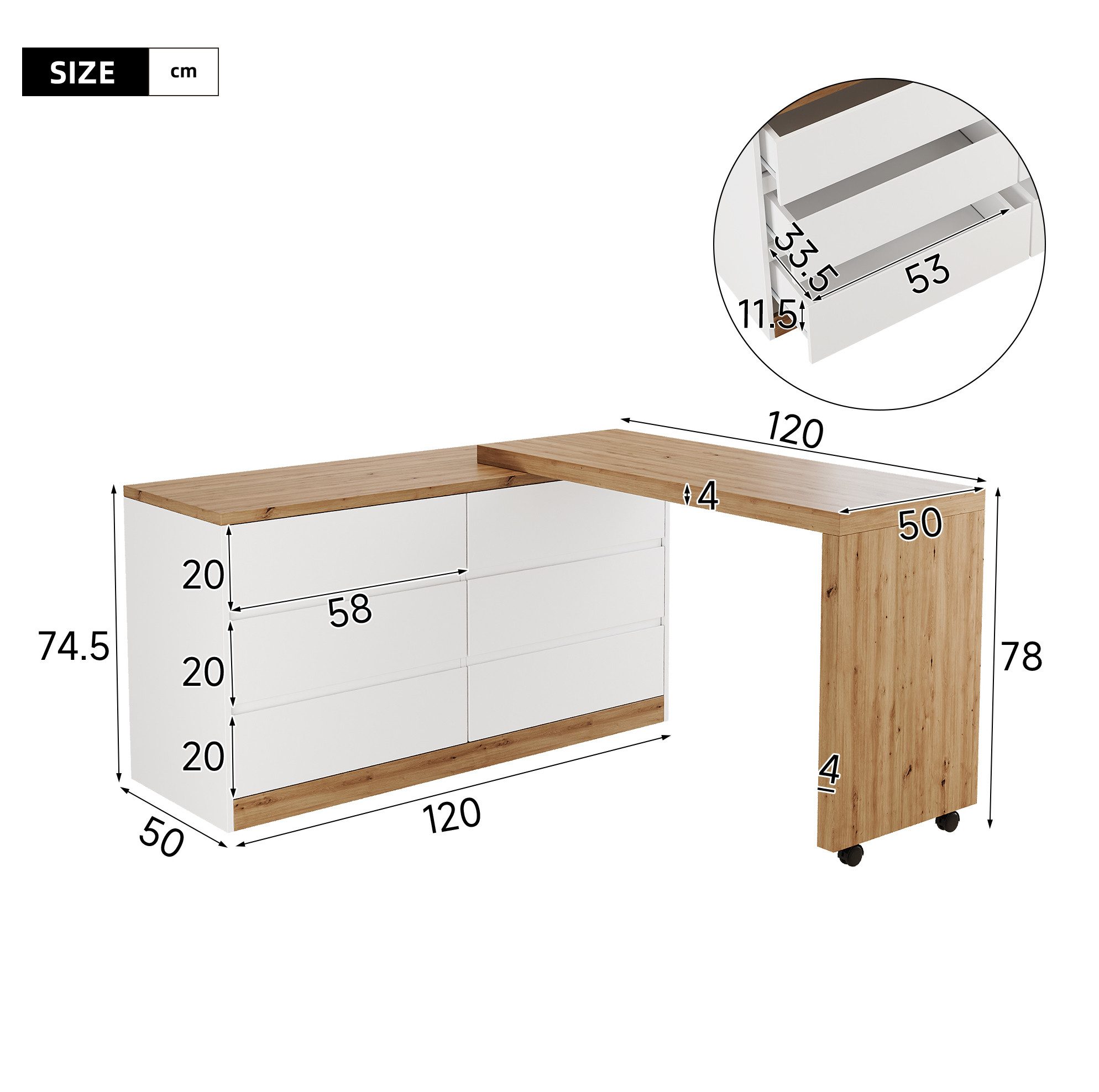MODFU Eckschreibtisch Multifunktionstisch mit 6 Schubladen & Rollen (Packung, 1-St., Natur+Weiß, 120×78×50 cm, für Büro & Homeoffice), drehbare Platte, 4 cm stark, 2-in-1 Design