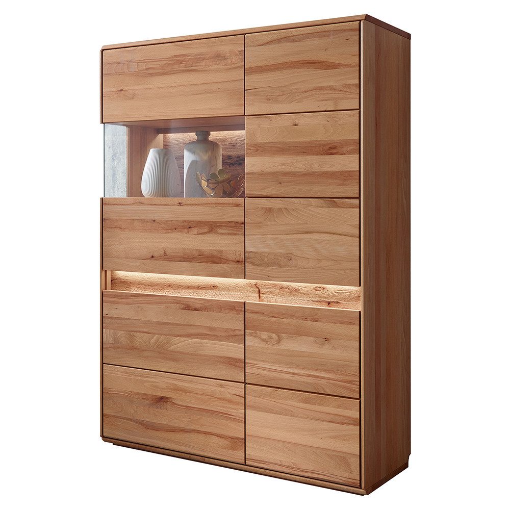 Lomadox Highboard WELLAND-69, 103 cm, Kernbuche massiv geölt mit LED-Beleuchtung, Türanschlag links
