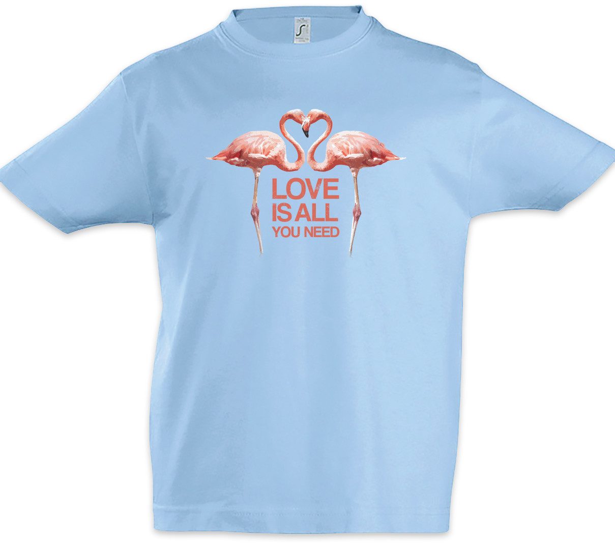 Print-Shirt Love Is All You Need Flamingos Kinder T-Shirt Flamingo Herz Love Liebe