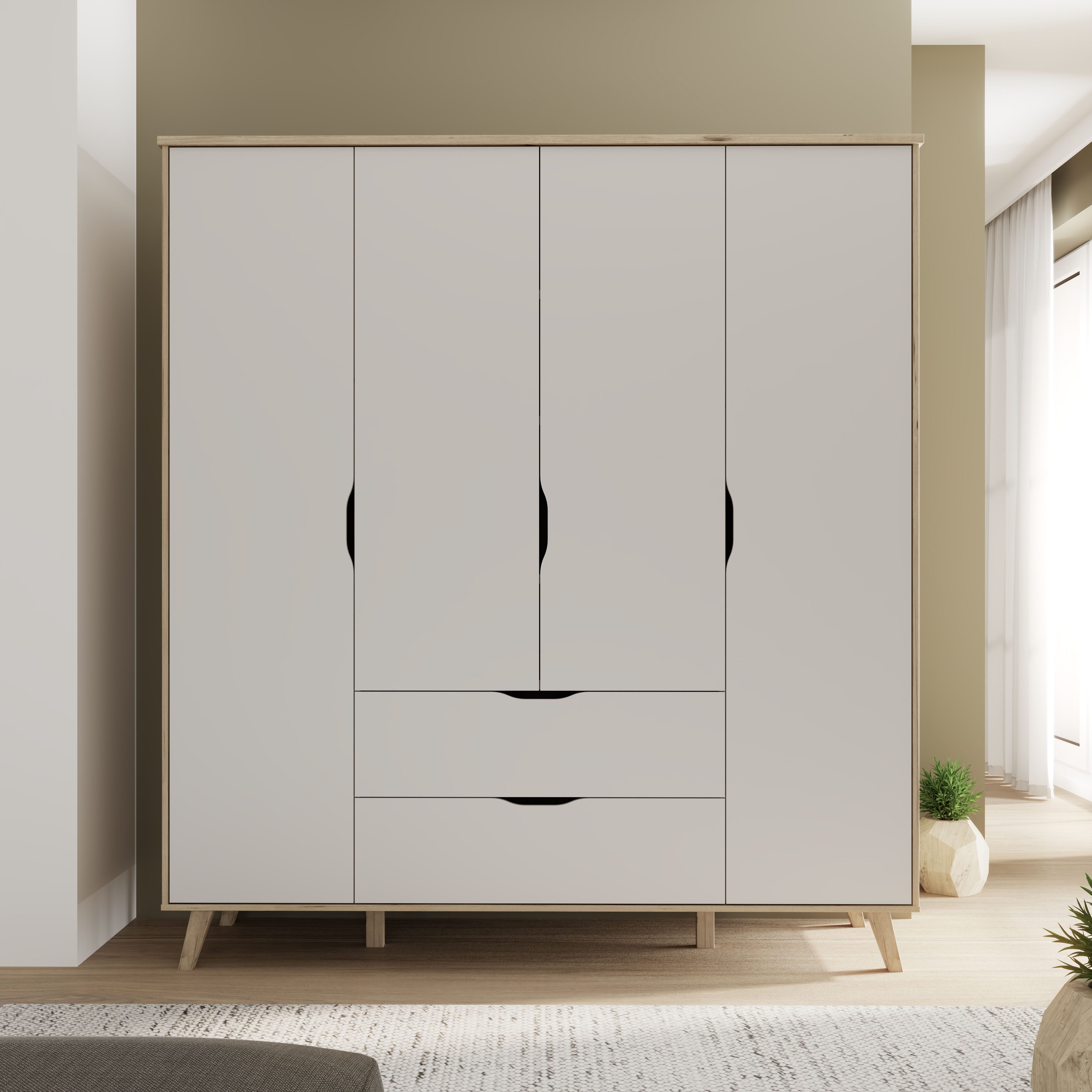 FORTE Kleiderschrank Vankka, Drehtürenschrank, Viel Stauraum, skandinavischer Stil Made in Europe, mit Einlegeböden+Kleiderstangen+Schubladen,grifflos