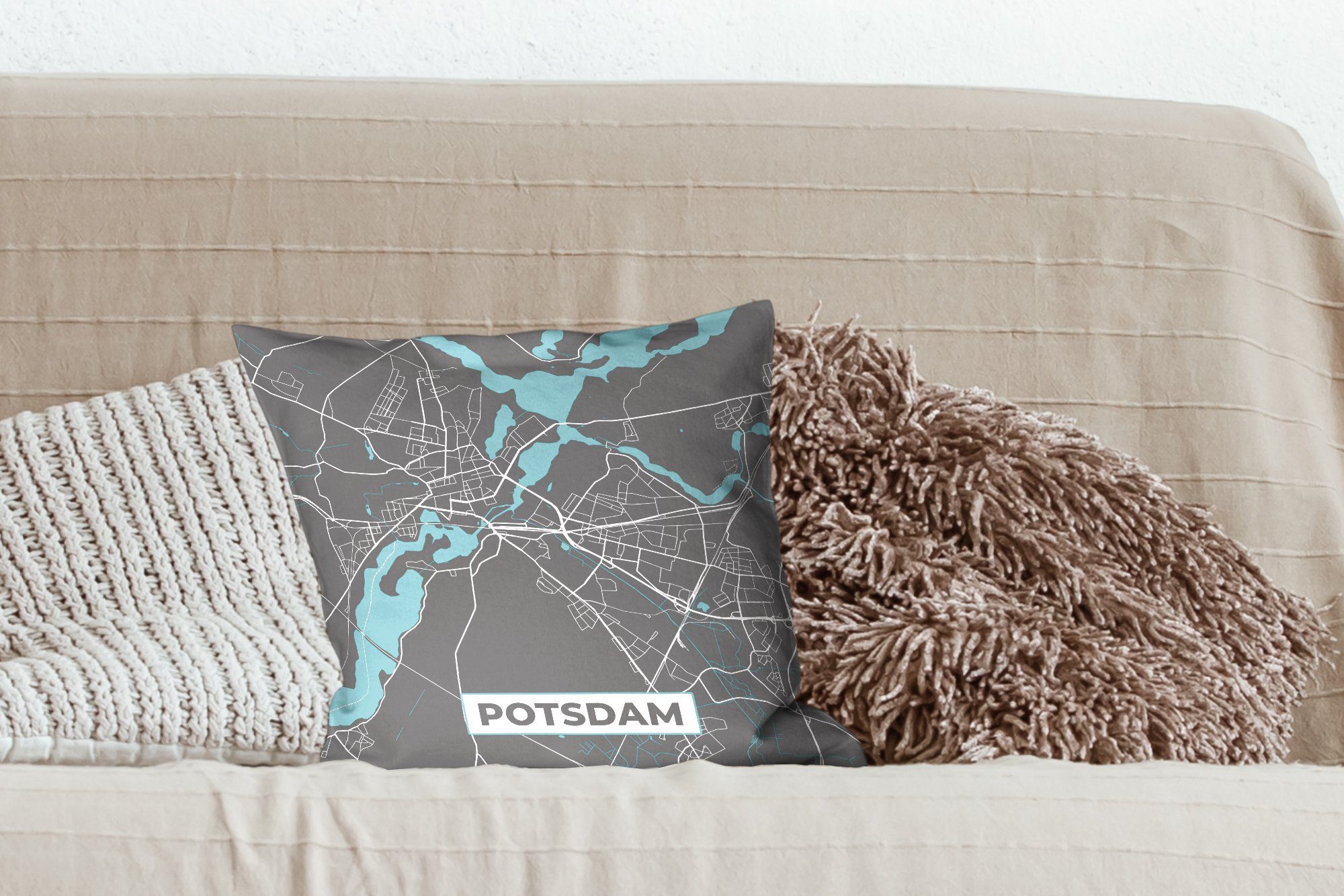 Deutschland Stadtplan - Füllung Deko, - Schlafzimmer, - Zierkissen Wohzimmer, mit Dekokissen Karte für Sofakissen MuchoWow Blau, - Potsdam