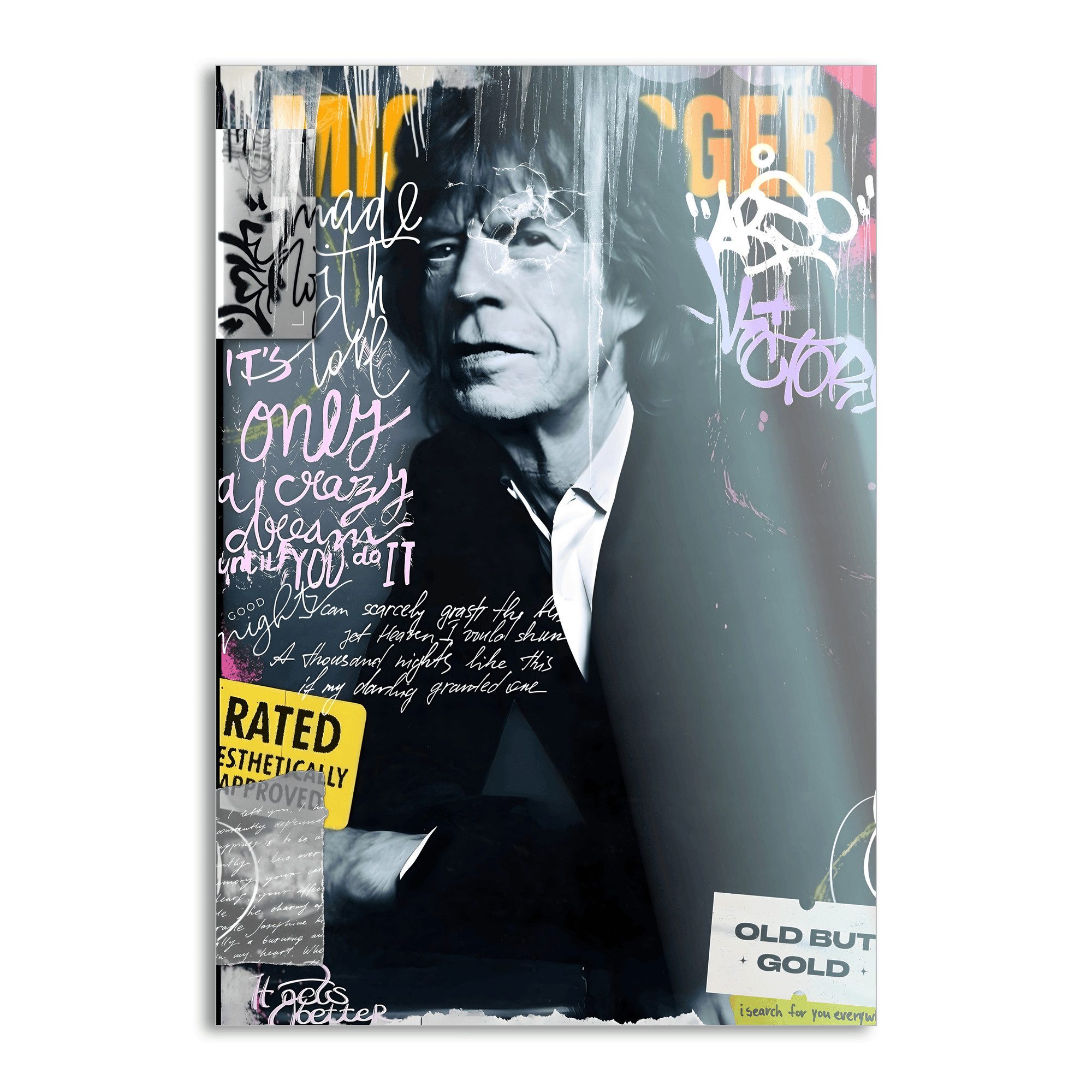 SimpleCanvas Wandbild Old but Gold - Leinwandbild Pop Art/Street Art, Wandbild Mick Jagger Pop Art Portrait Wandbild