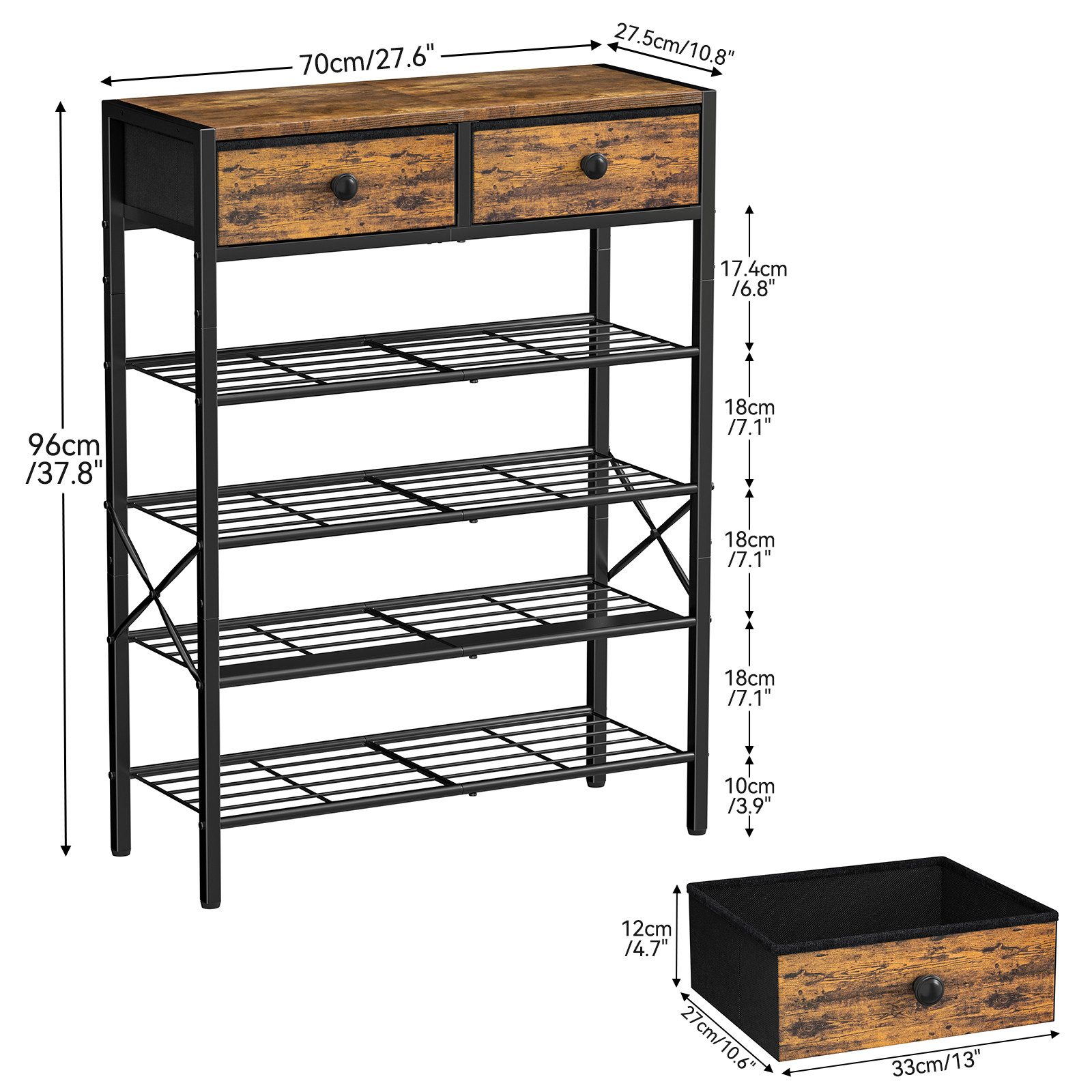 FABATO Schuhregal 5-stufiger Schuhorganizer mit 2 Vliesstoff-Schubladen & Holzplatte, 1-tlg., für Diele, Flur oder Kleiderschrank in Rustikal Braun – Bild 4 von 5