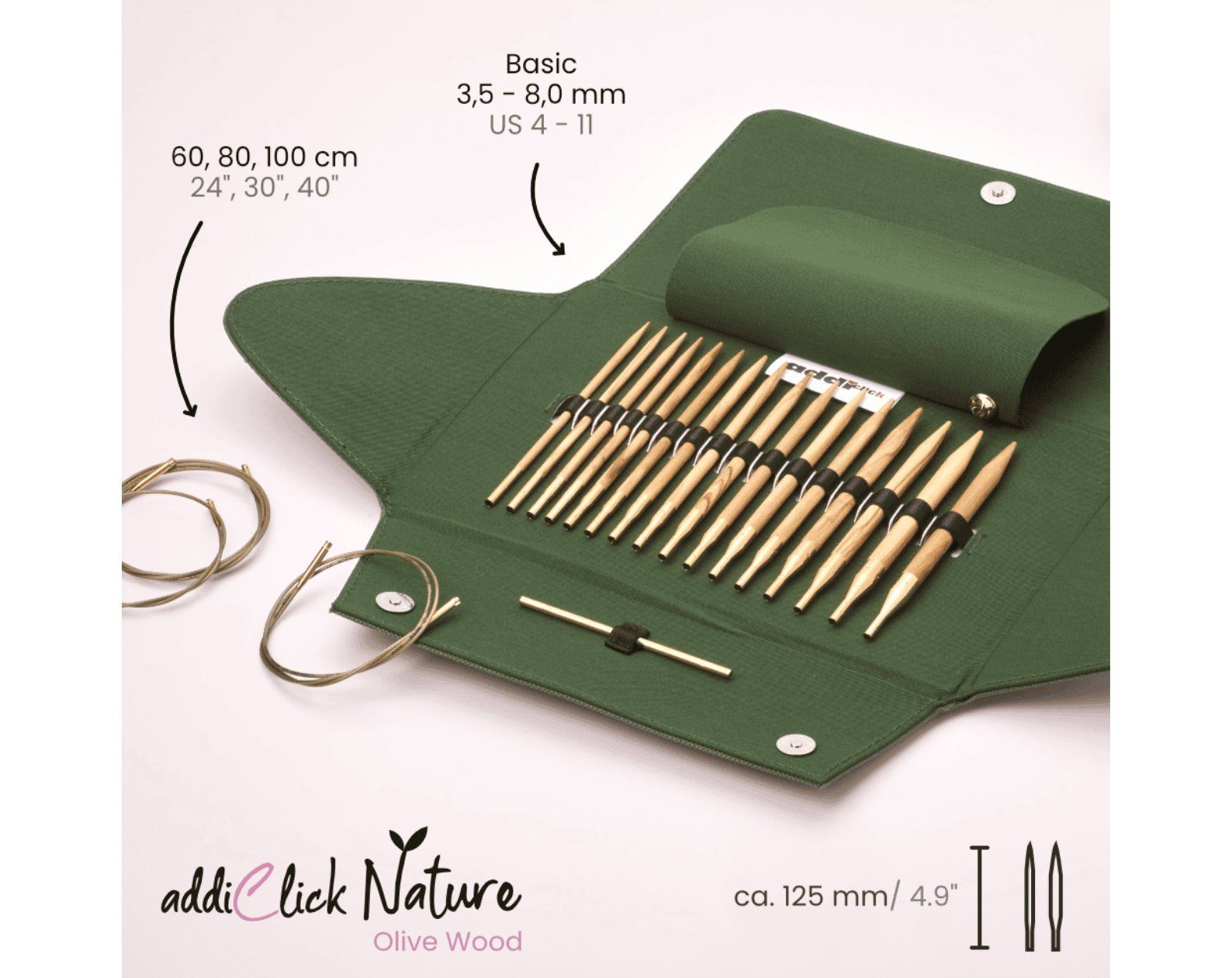 addi Rundstricknadeln addiClick Nature Olivenholz Rundstricknadel-Set 3,5-8 mm, auswechselbare Nadelspitzen mit innovativem addiClick System