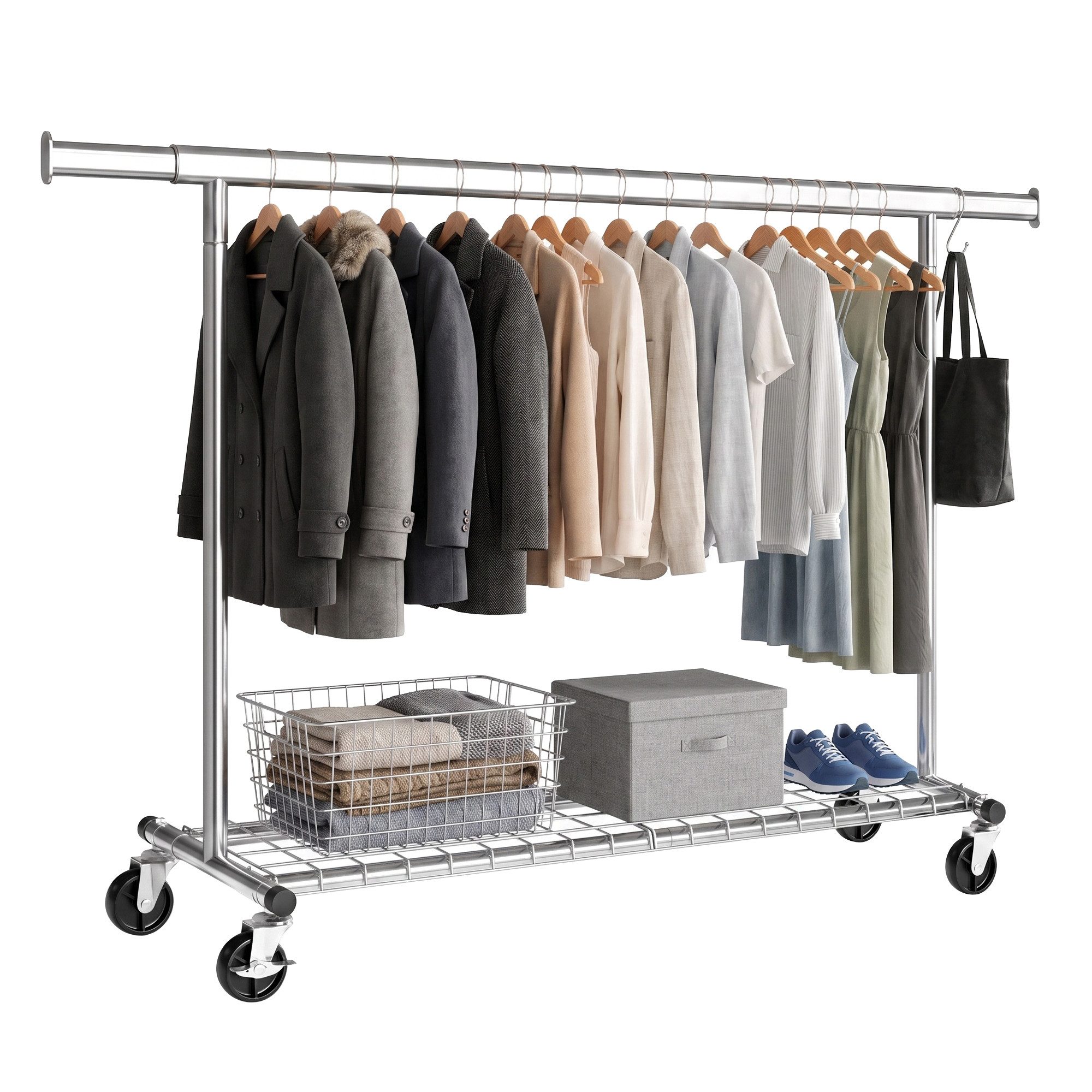 SONGMICS Kleiderständer Schwerlast Kleiderständer auf Rollen Ausziehbare Kleiderstange, bis 180 kg mit Ablage (160-200) x 45 x 161,5 cm