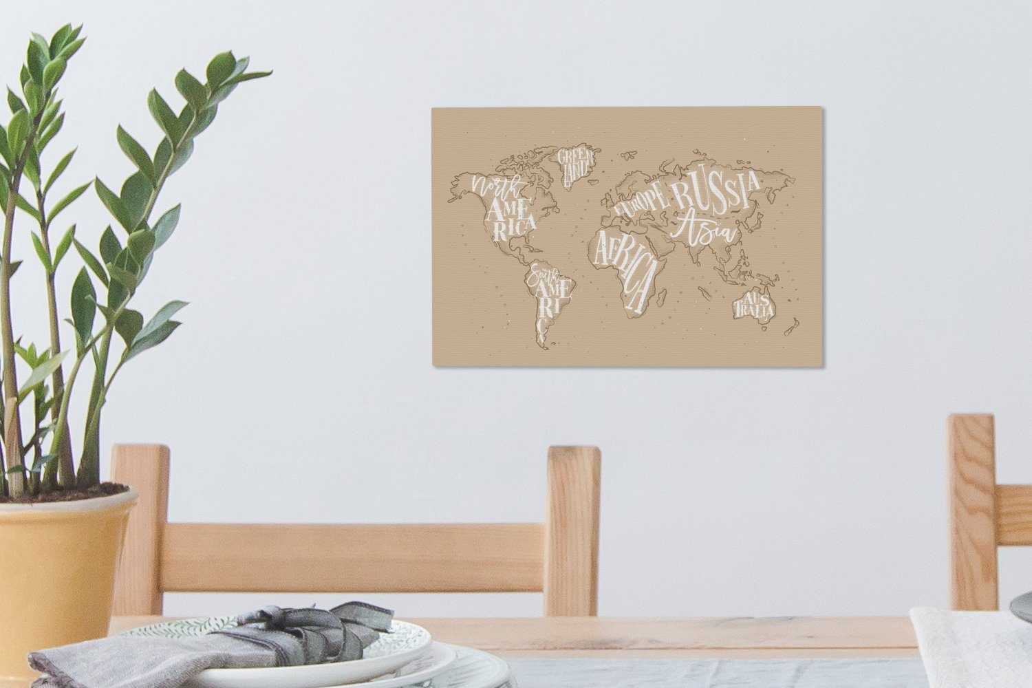 OneMillionCanvasses® Leinwandbild Weltkarte - - Aufhängefertig, Wanddeko, Weiß, Wandbild Leinwandbilder, 30x20 St), cm (1 Buchstaben