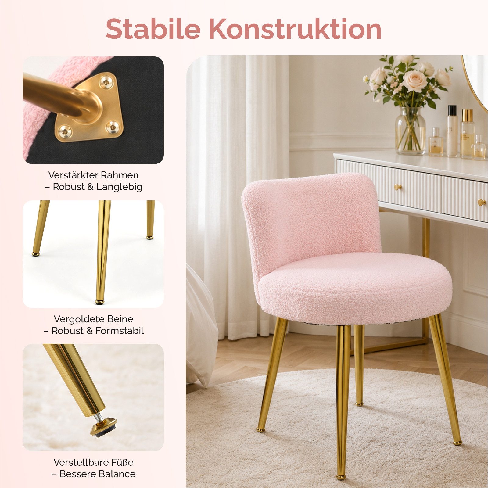 VINGLI Polsterstuhl Schminkstuhl im schlichten Stil, aus Teddystoff, Verstellbare goldene Beine – Bild 5 von 5