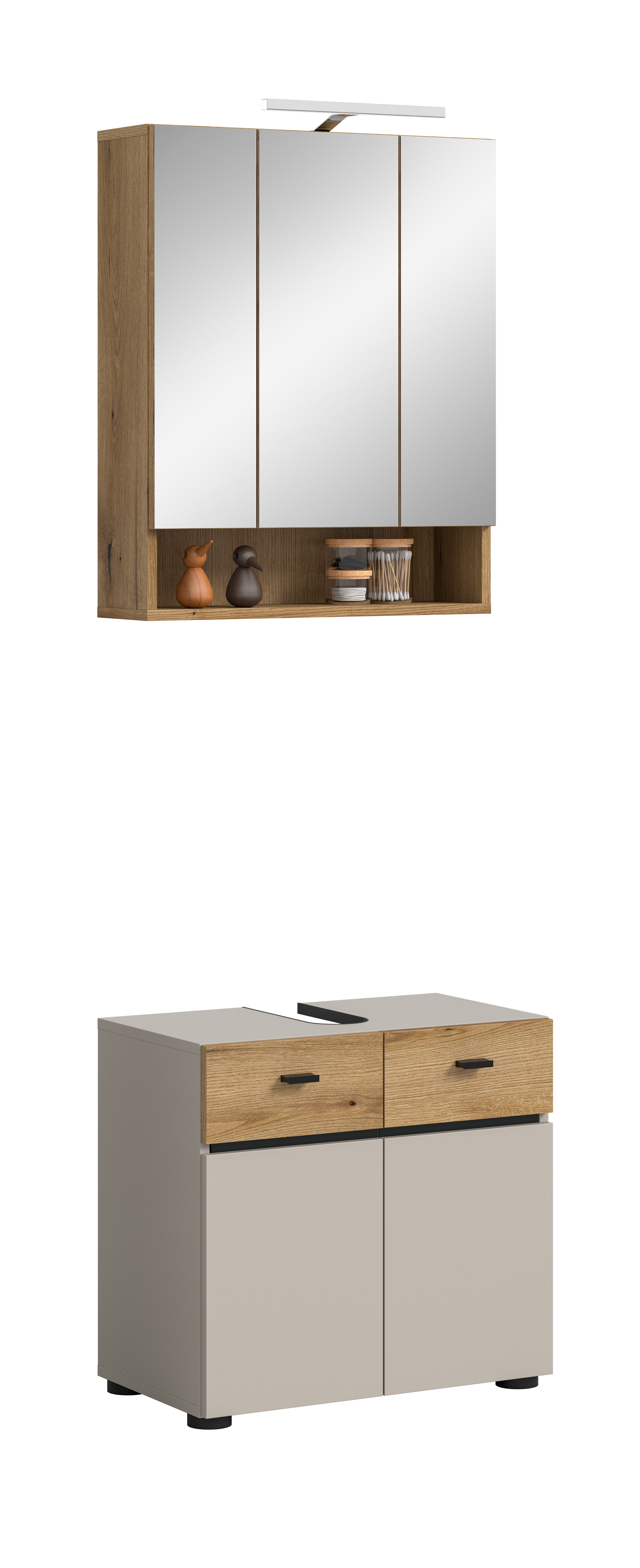 furnling Badmöbel-Set Aquia, (2-St., Spiegelschrank mit Beleuchtung, Waschbeckenunterschrank), Unterschrank mit Siphon-Ausschnitt, wasserabweisend, Breite 60 cm