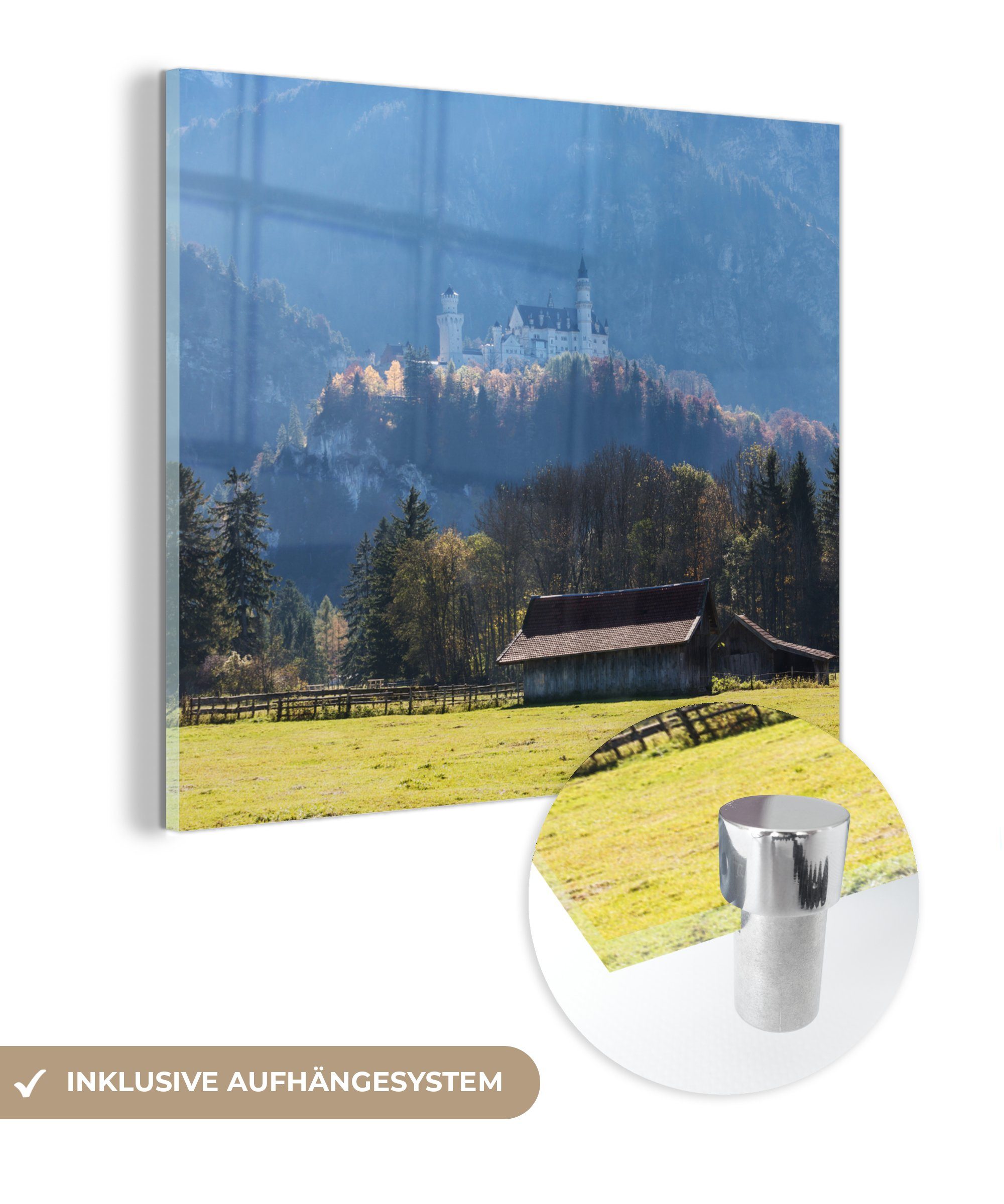 MuchoWow Acrylglasbild Schloss - auf - Glasbilder Glas St), auf Neuschwanstein Wanddekoration Wandbild - Glas Foto Berg, auf (1 Bilder einem