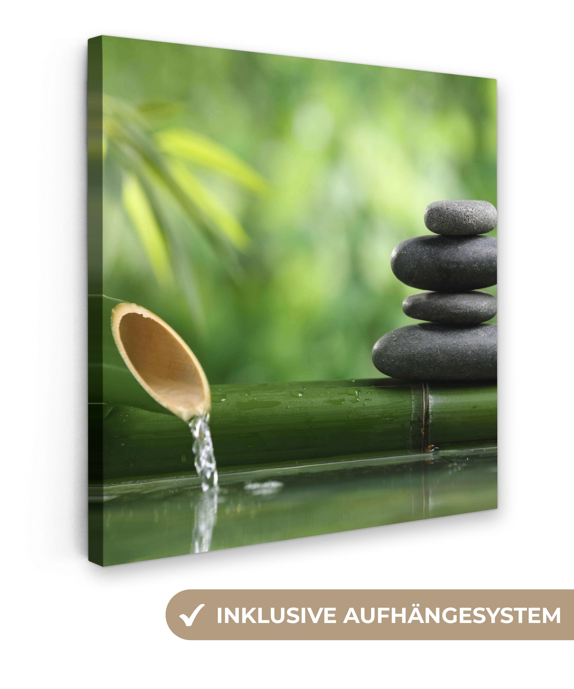OneMillionCanvasses® Leinwandbild Zen - Stein - Grün - Natur - Bambus, Fotodruck (1 St), Wandbild, Deko Schlafzimmer Wohnzimmer Flur 20x20 cm